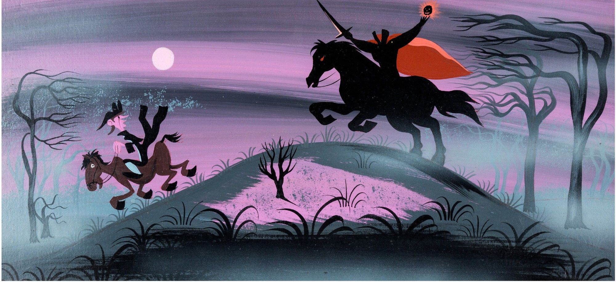 Stylized gouache painting of the Headless Horseman chasing after Ichabod Crane on horse, and they're going over a hill with fog and mist all around them. The trees are spooky looking with the branches evoking long fingers. The sky is a brushy pink and black, with touches of grey for the mist.