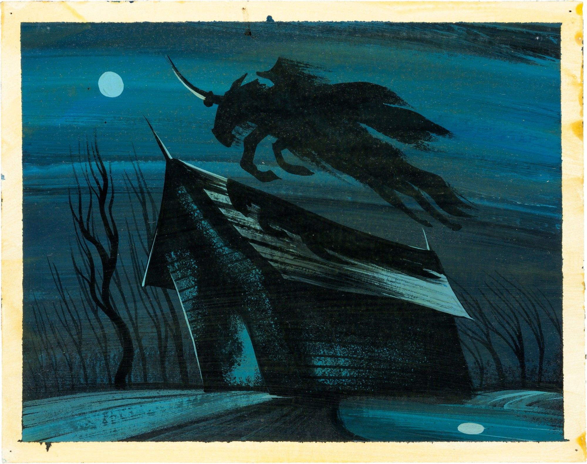 Gouache painting of the Headless Horseman leaping over a wooden building (church, maybe, or a covered bridge?). The building and the Horseman are painted in darks and blacks, with the moon in the sky a cool blue.