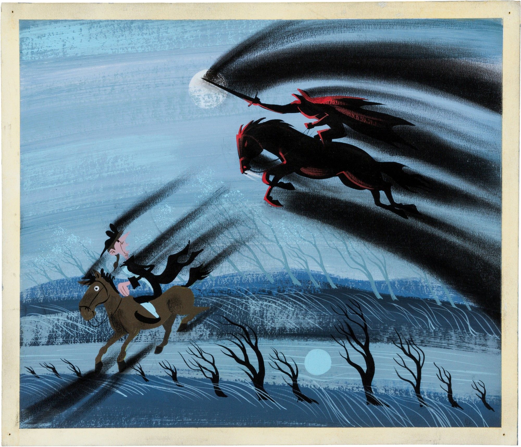 Gouache painting of the Headless Horseman chasing after Ichabod Crane who's also on a horse, and he's looking back in fear at the Horseman. There's black dry brush strokes coming off of both characters, depicting movement. The environment is a cool blue and the trees area all barren and spooky, with the bright moon in the sky.