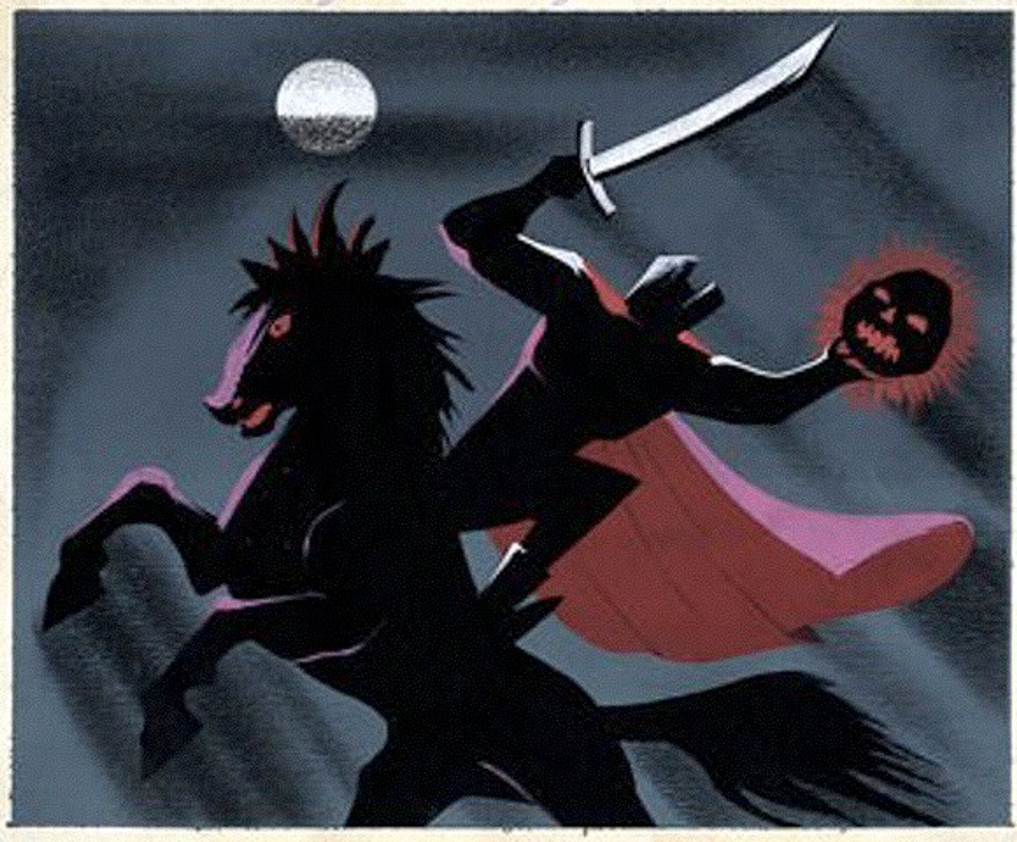 Gouache painting of the Headless Horseman holding a sword in one hand and his illuminated pumpkin head in the other. The horse is rearing back and the moon is in the background.