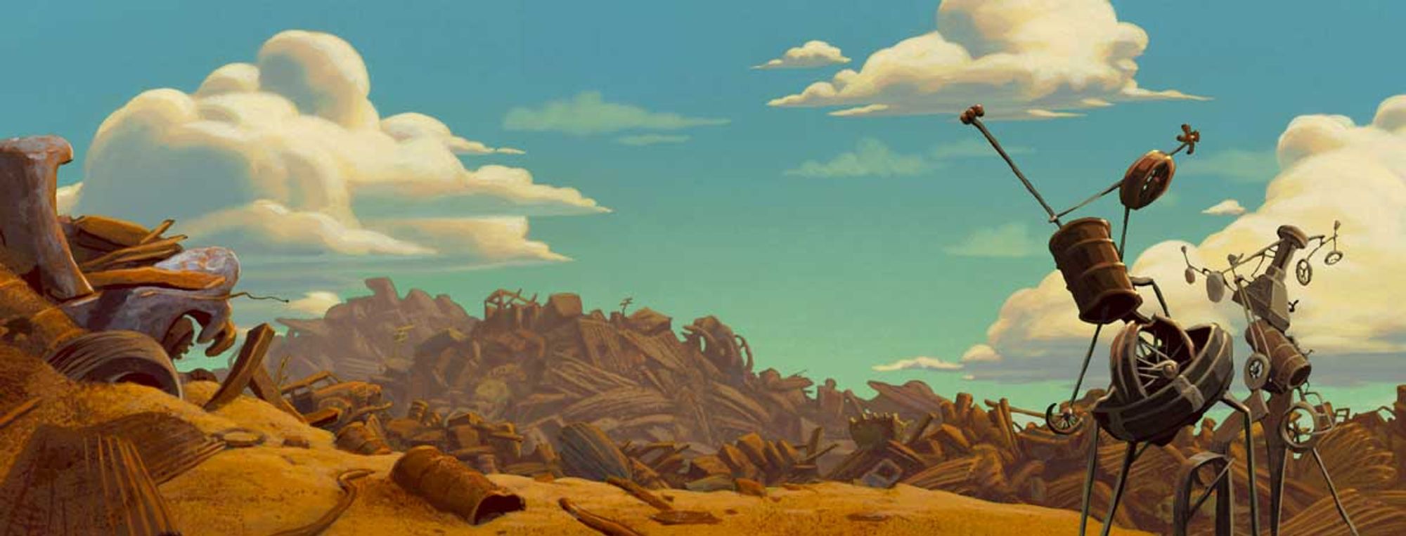 Background painting of a junkyard with clouds in the sky, and whimsical junkyard sculptures to the right of the image.