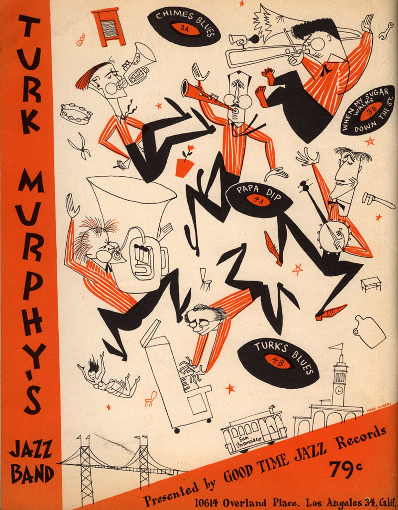 Illustration of a wild & crazy jazz band in two colors, black and red (with white background) drawn in a stylized way reminiscent of the midcentury era, most notably around 1950 and similar to the UPA style.