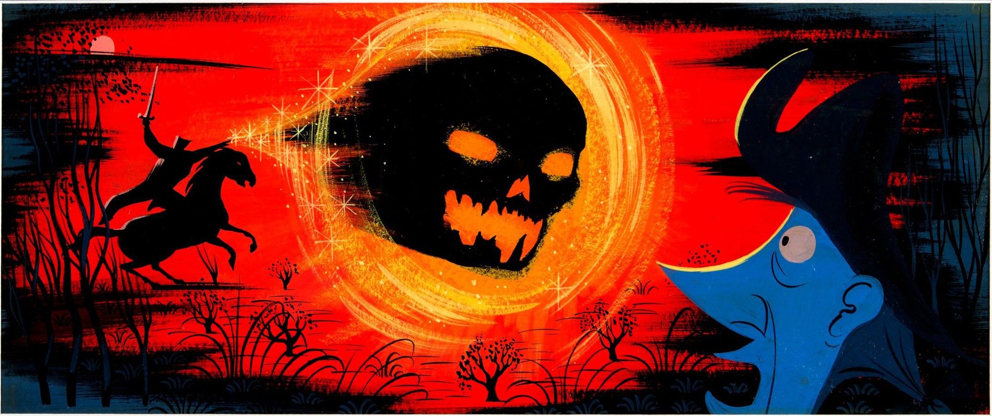 Stylized painting by Mary Blair of the Headless Horseman throwing his flaming skull towards Ichabod Crane. The background sky is bright red and the skull is in bright orange and yellow. Ichabod is in the foreground and he's depicted in blue. The Horseman is painted as a black silhouette.