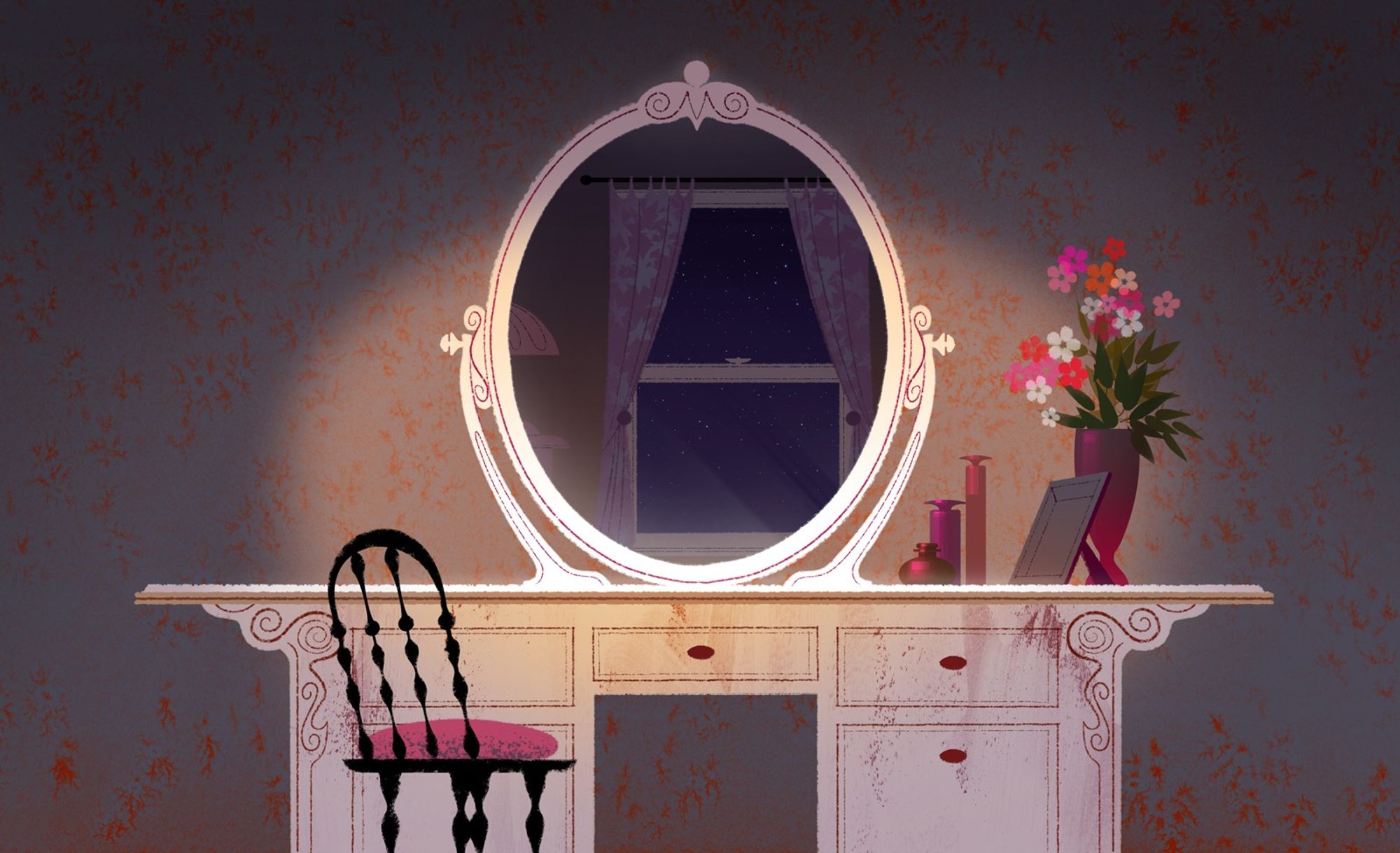 Stylized painting of a vanity with a round mirror and a cushioned chair in front of it.