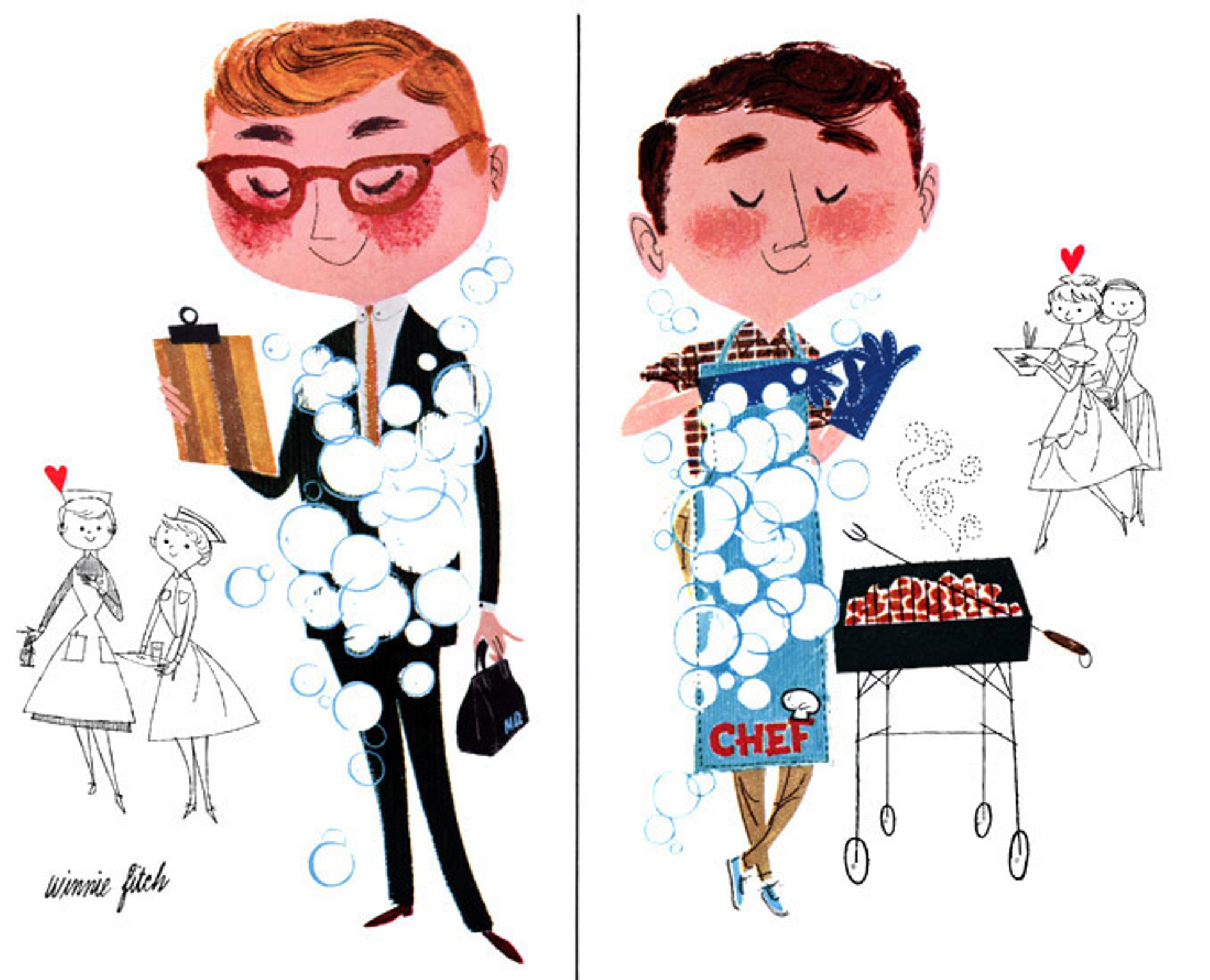 Two illustrations from a Dial Soap ad series, with two men stylized with large heads, but looking stylish in their nice, clean clothes, each covered in suds, signifying the cleaning powers of Dial. The man on the left is a doctor, reading from a clipboard and two nurses are admiring him (both are drawn in simple lines). On the right, the man is cooking out, with gloves, and "CHEF" on his smock. In the background, two women are admiring either his grilling abilities or that he's just a clean guy. Very 1950s.