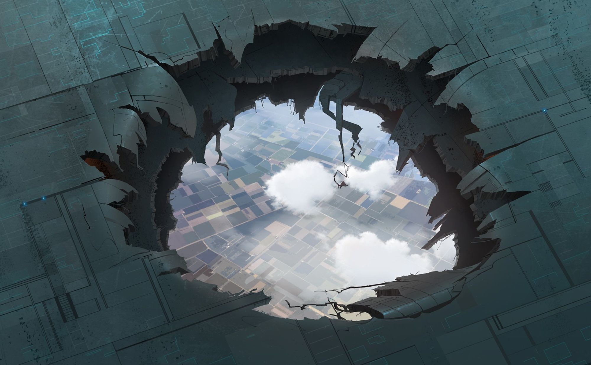 Background painting of a hole torn through a wing of a ship high up in the air, and we can see through the hold of the ground far below (there's clouds in between).