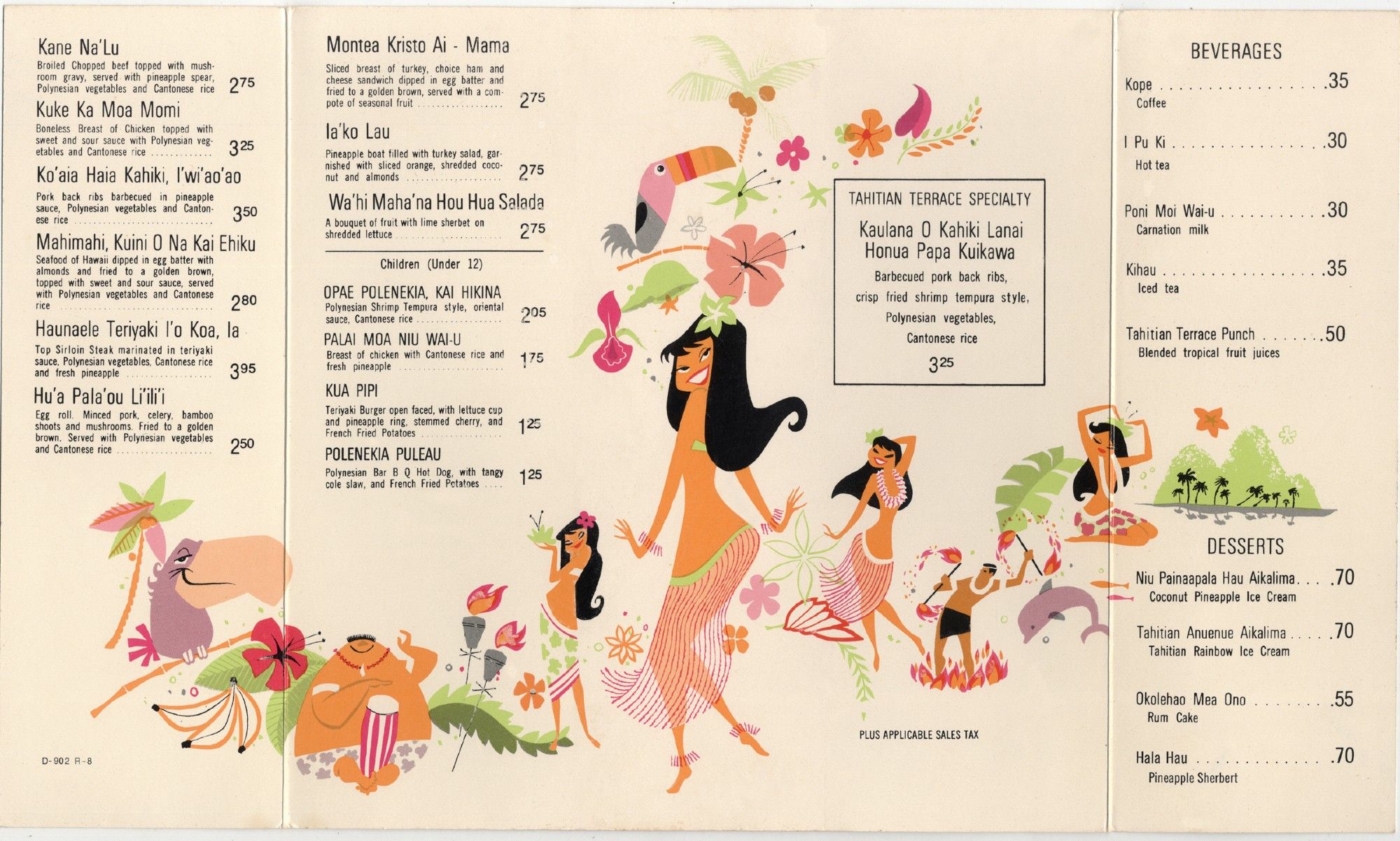 Inside of menu featuring an assortment of illustrated fun tropical animals and Pacific islander characters, including several hula dancers - all drawn in a colorful and stylized design reminiscent of the midcentury era (1950s-1960s).