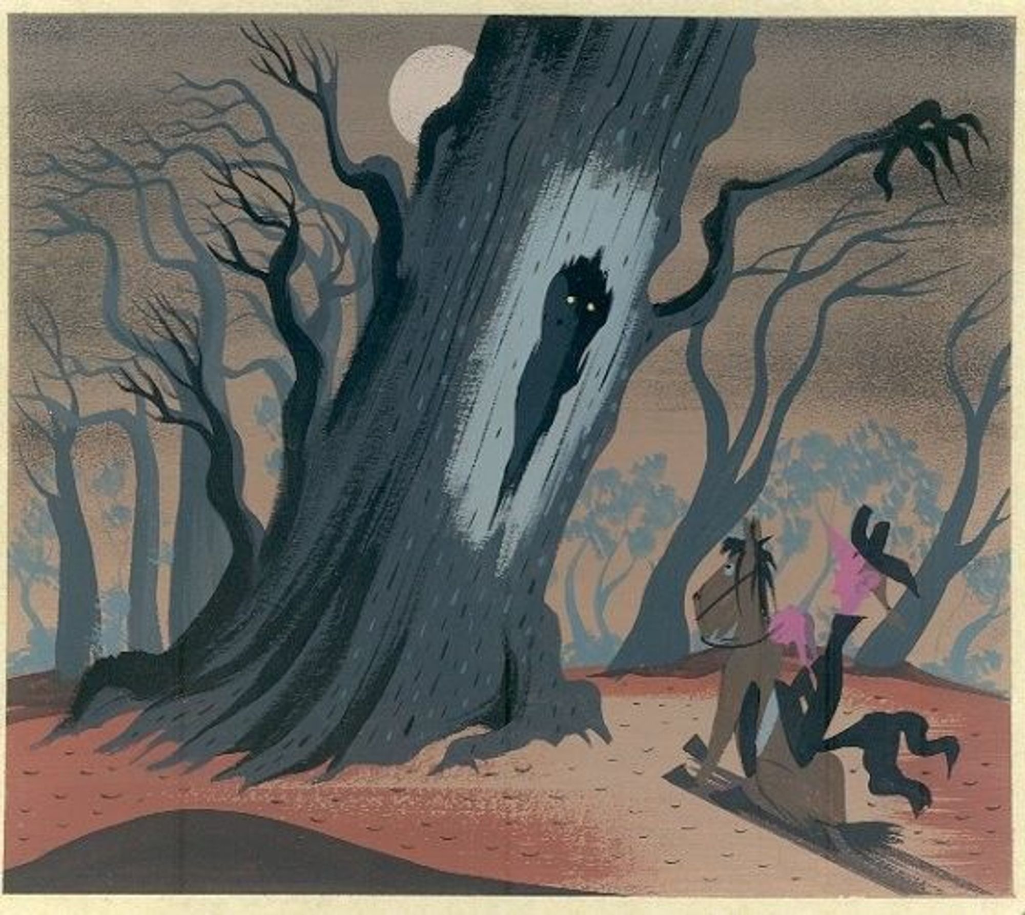 Gouache painting of a large spooky tree with a hole in the trunk that looks to have two white eyes and long branches that look like creepy arms outstretched. Ichabod Crane is on his horse and is peering up at the tree.