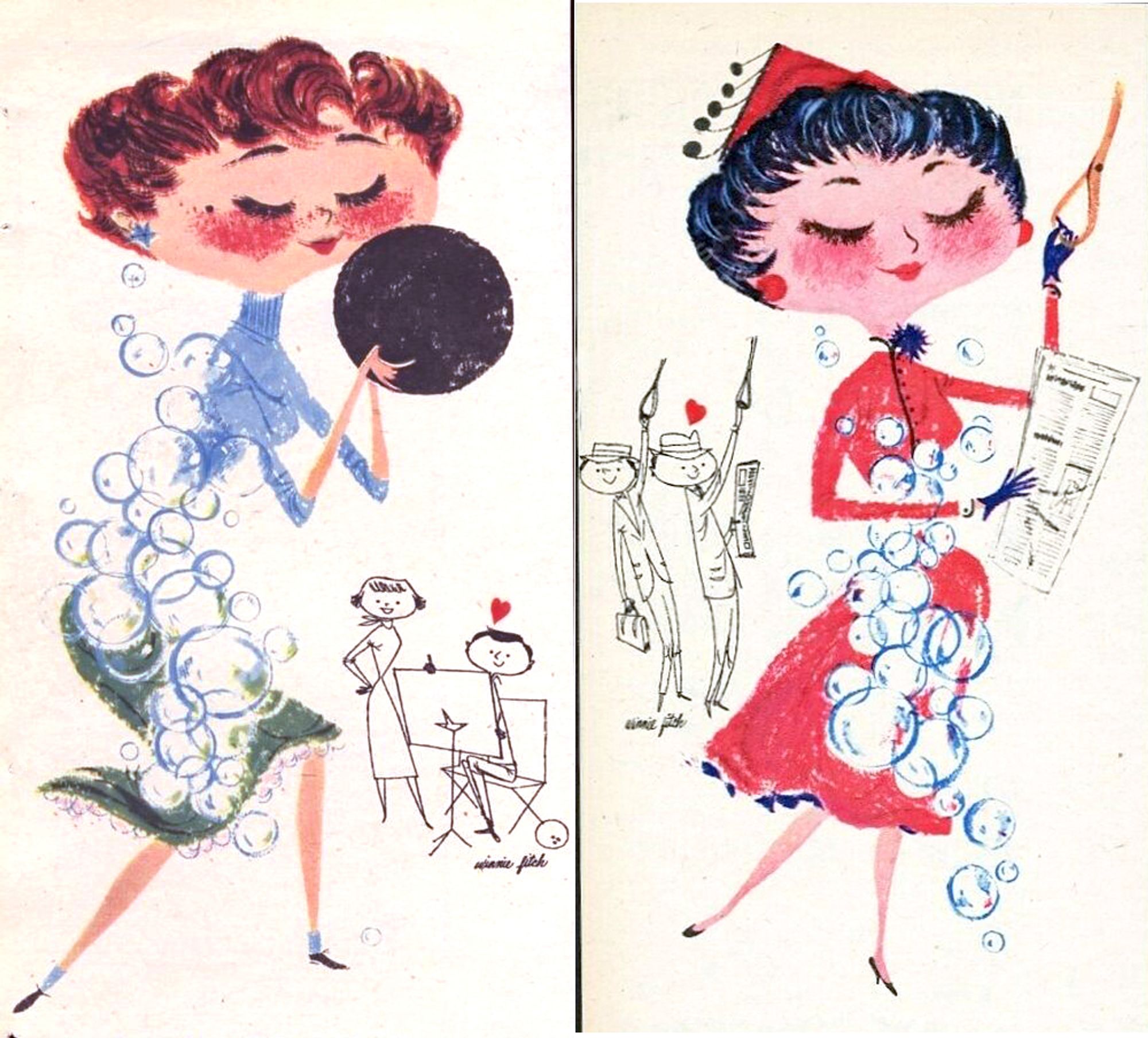 This one features two illustrations from the same Dial Soap ad series, but with two women instead of men, stylized with large heads, looking stylish in their nice, clean clothes, each covered in suds, also signifying the cleaning powers of Dial. The woman on the right is bowling and her two friends (a man and a woman) are admiring her cleanliness on the lanes. The woman on the right is dressed in red and is on the bus, reading a paper and is being admired by two men in the background. All the characters in the back are drawn in simple lines, while the foreground characters are illustrated in nice, bright color. Very 1950s.