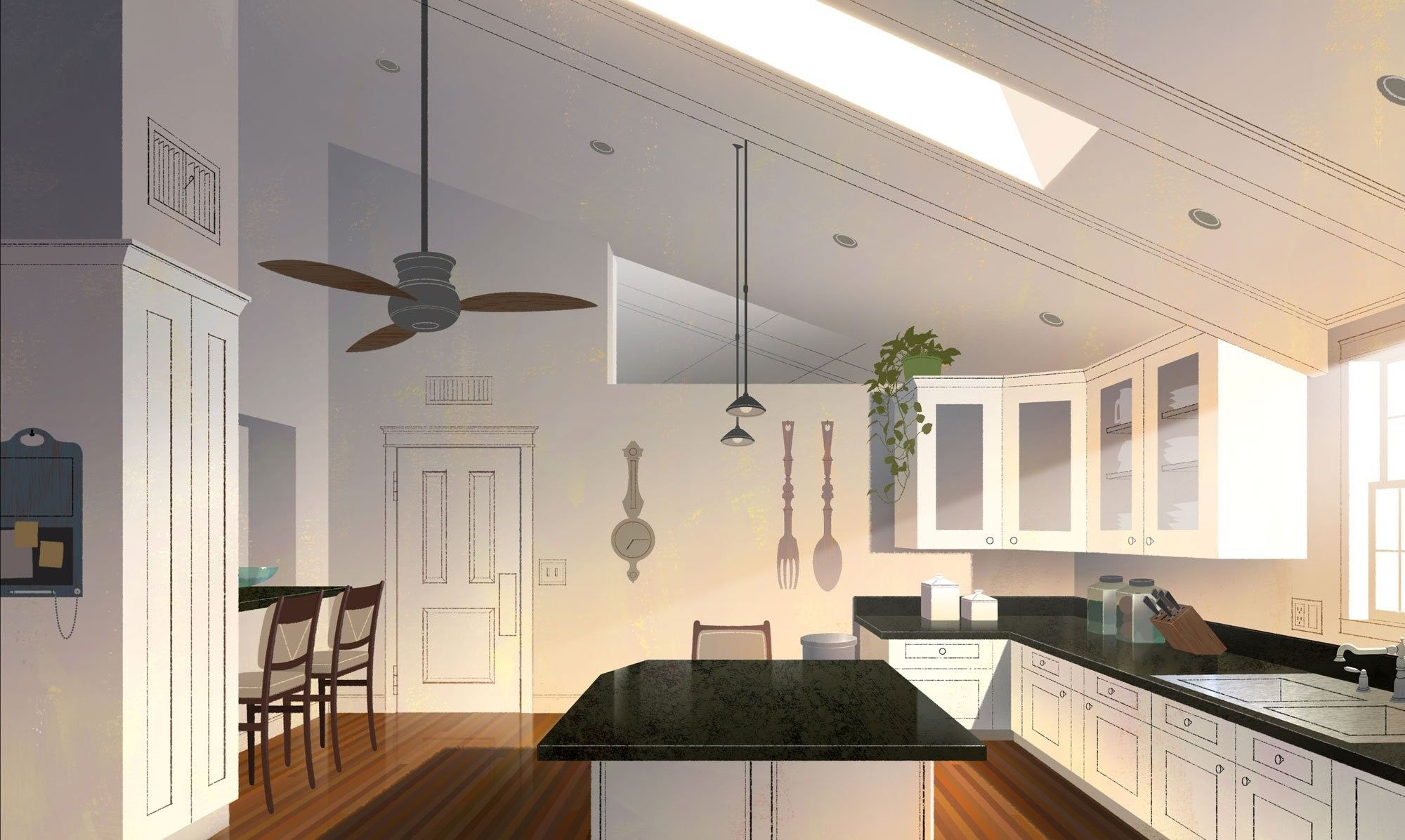 Stylized illustrated background of a kitchen, with a sloped ceiling.