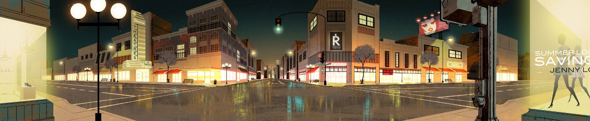 Wide panoramic scene of a street at night, illustrated in a stylized, graphic effect.