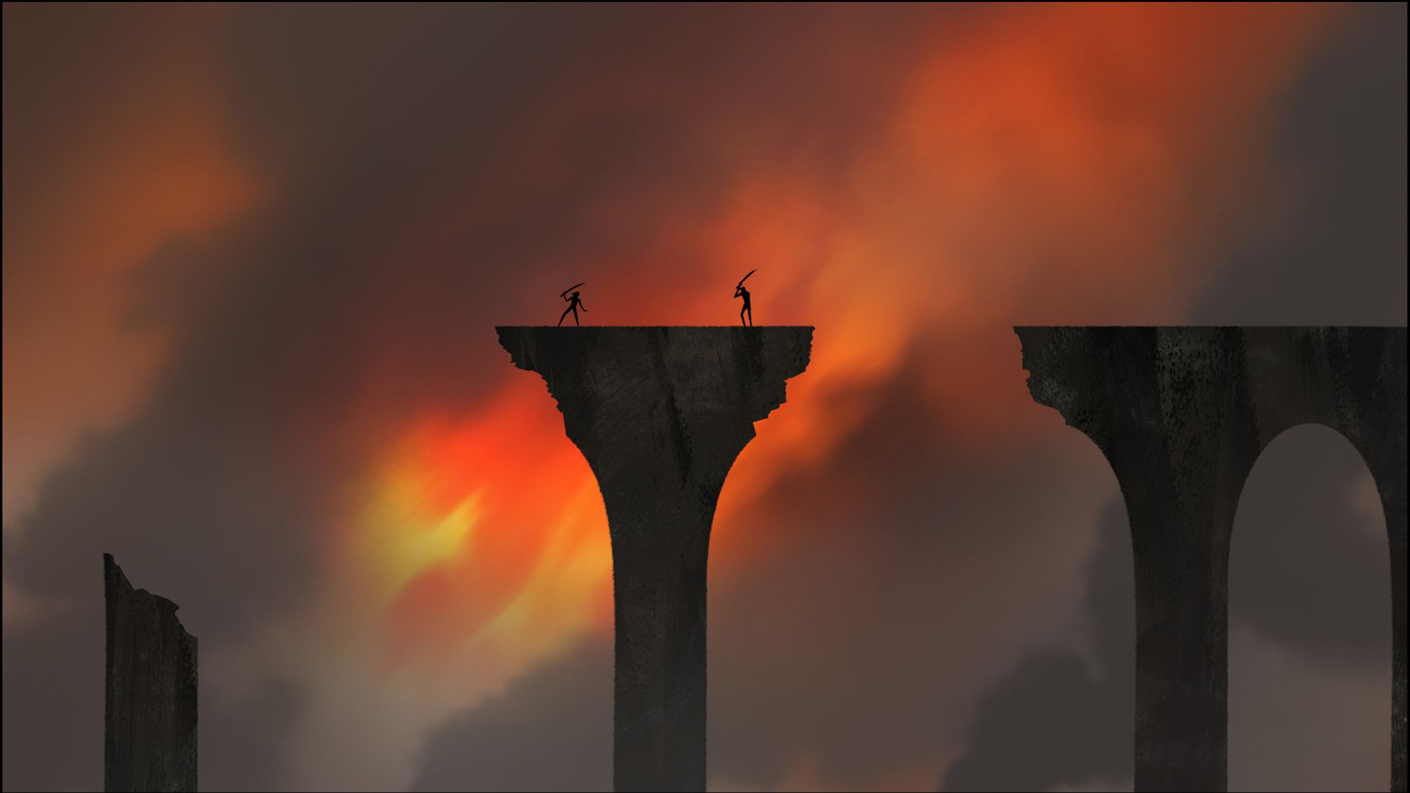 Moody background painting of two fighters on a broken trellis/bridge, backlit with a fire-y, cloudy sky.