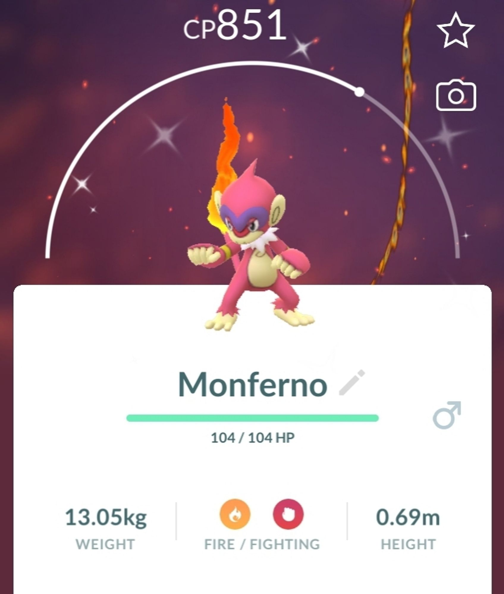 A Pokemon Go summary of a shiny Montero, a red monkey with beige markings and flames on the end of its tail.