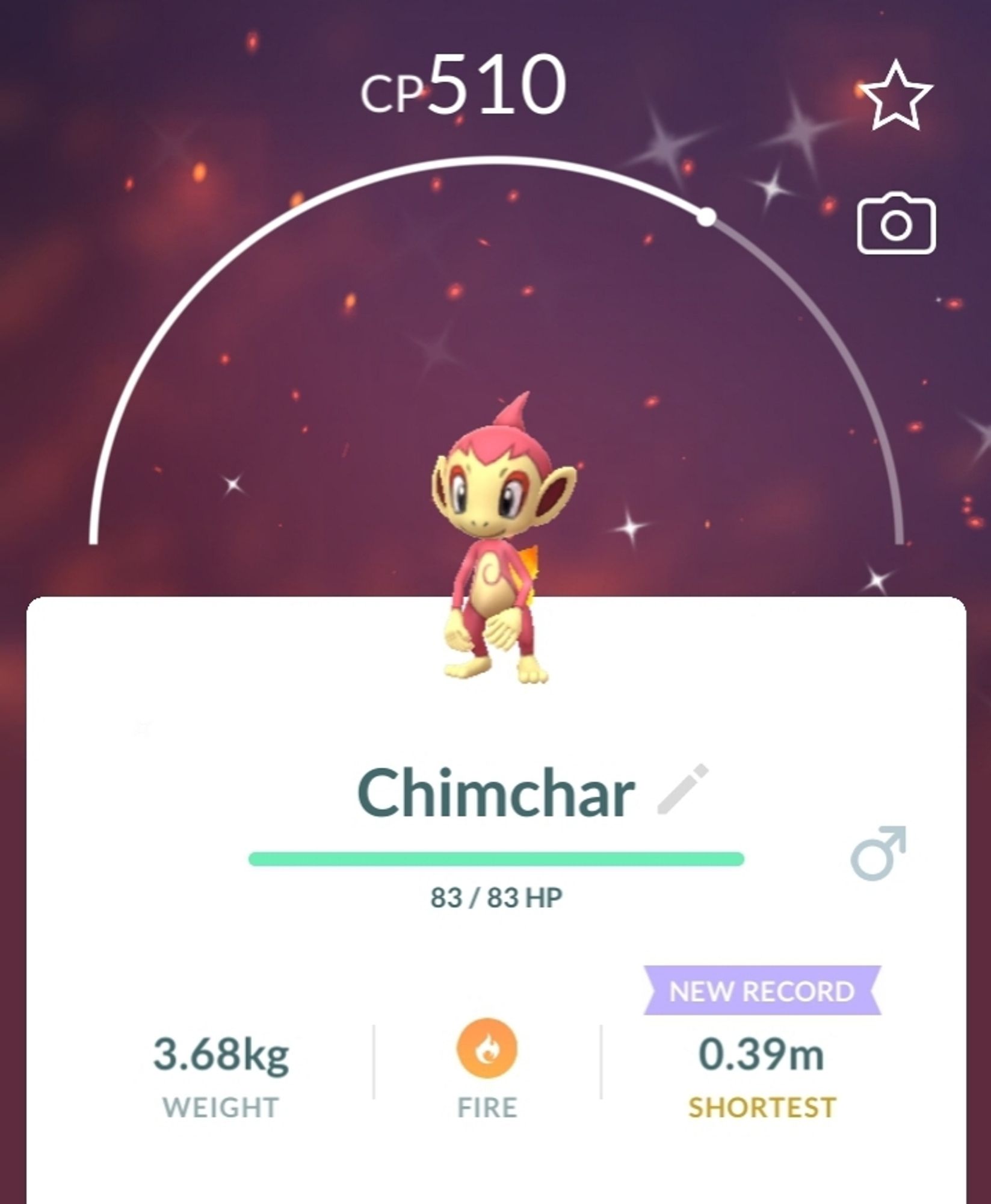 A Pokemon Go summary of a shiny Chimchar, a monkey pokemon that is red with beige markings and a flaming tail