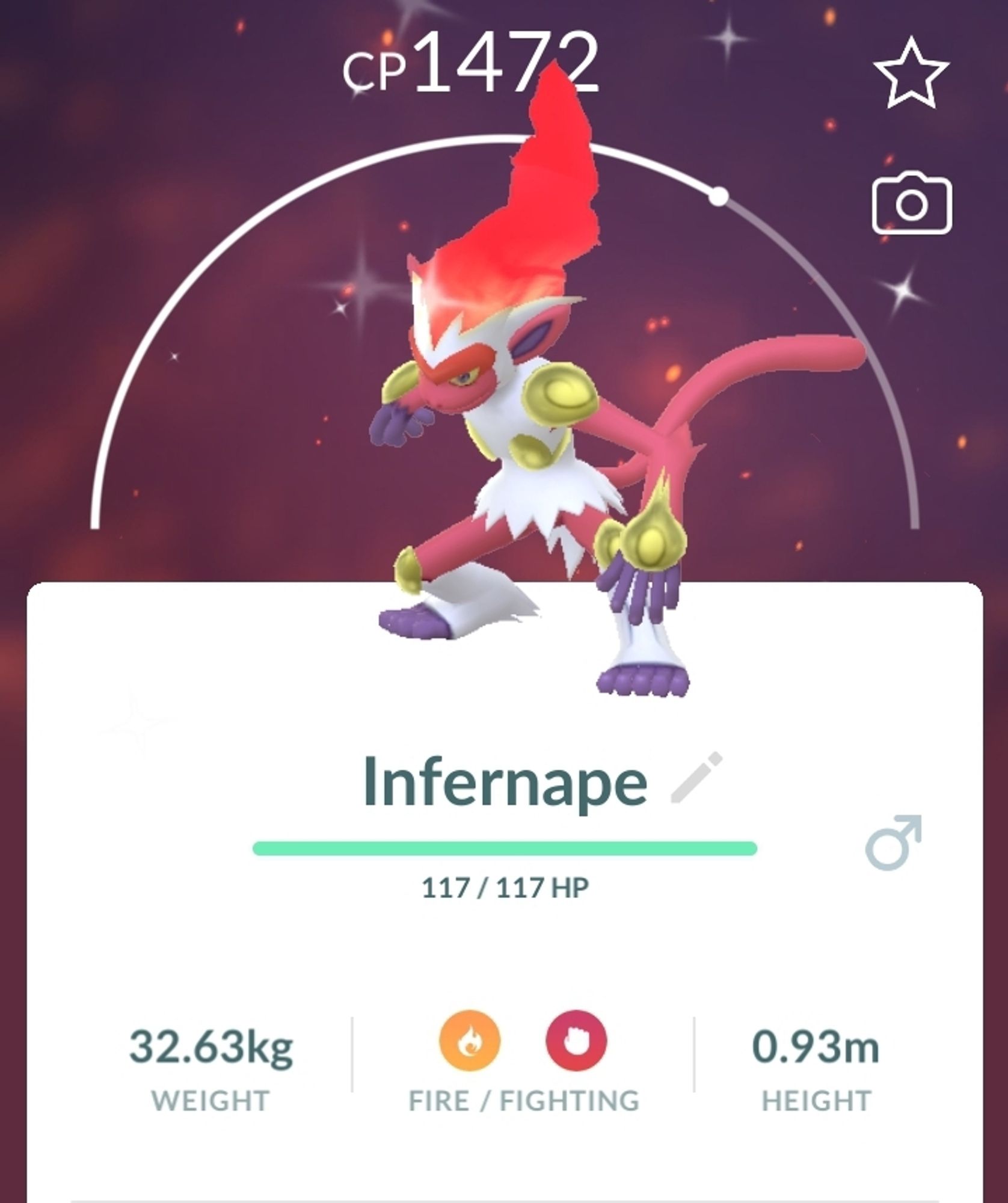 A Pokemon Go summary of a shiny Infernape, a monkey Pokemon that is white and red with gold "padding" on its body. It has billowing flames on its head, purple fingers/toes and yellow eyes.