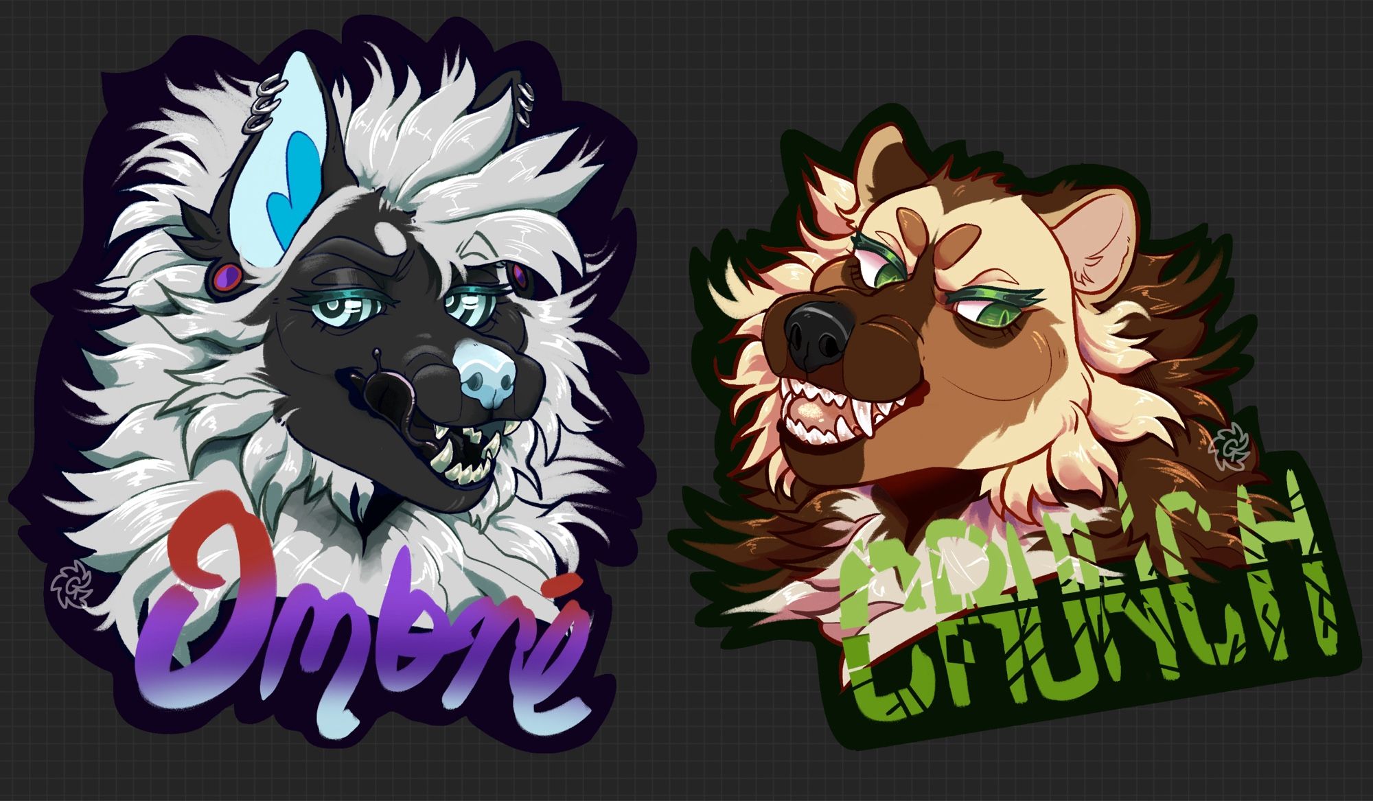 badges of two characters facing one another. one named ombre, a canine. one named crunch, a wolverine.