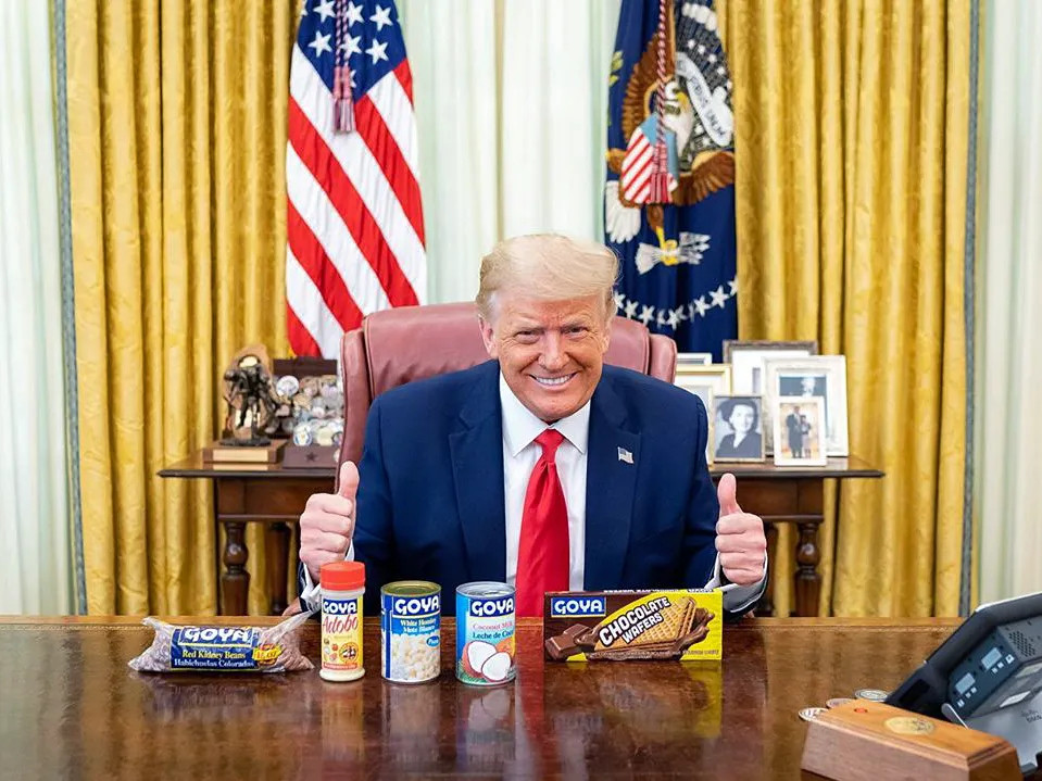 Donald Trump, sitting at the Resolute Desk, an array of Goya products in front of him, grinning like a fucking dumbass while giving two lame-ass thumbs up, in an attempt to pander to Hispanic voters or some dumb shit I don't remember.