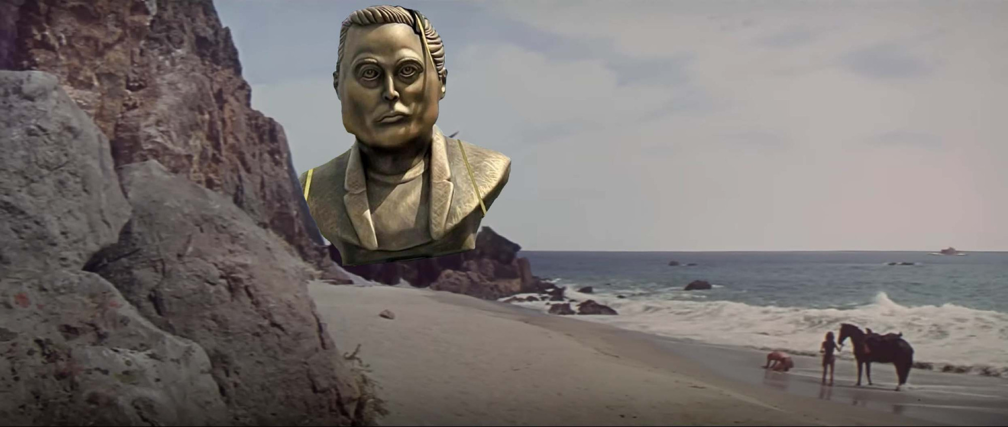 The final scene from the original Planet of the Apes movie, where Charlton Heston sees the Statue of Liberty on the beach, but with the stupid Elon Musk bust photoshopped over the Statue of Liberty.