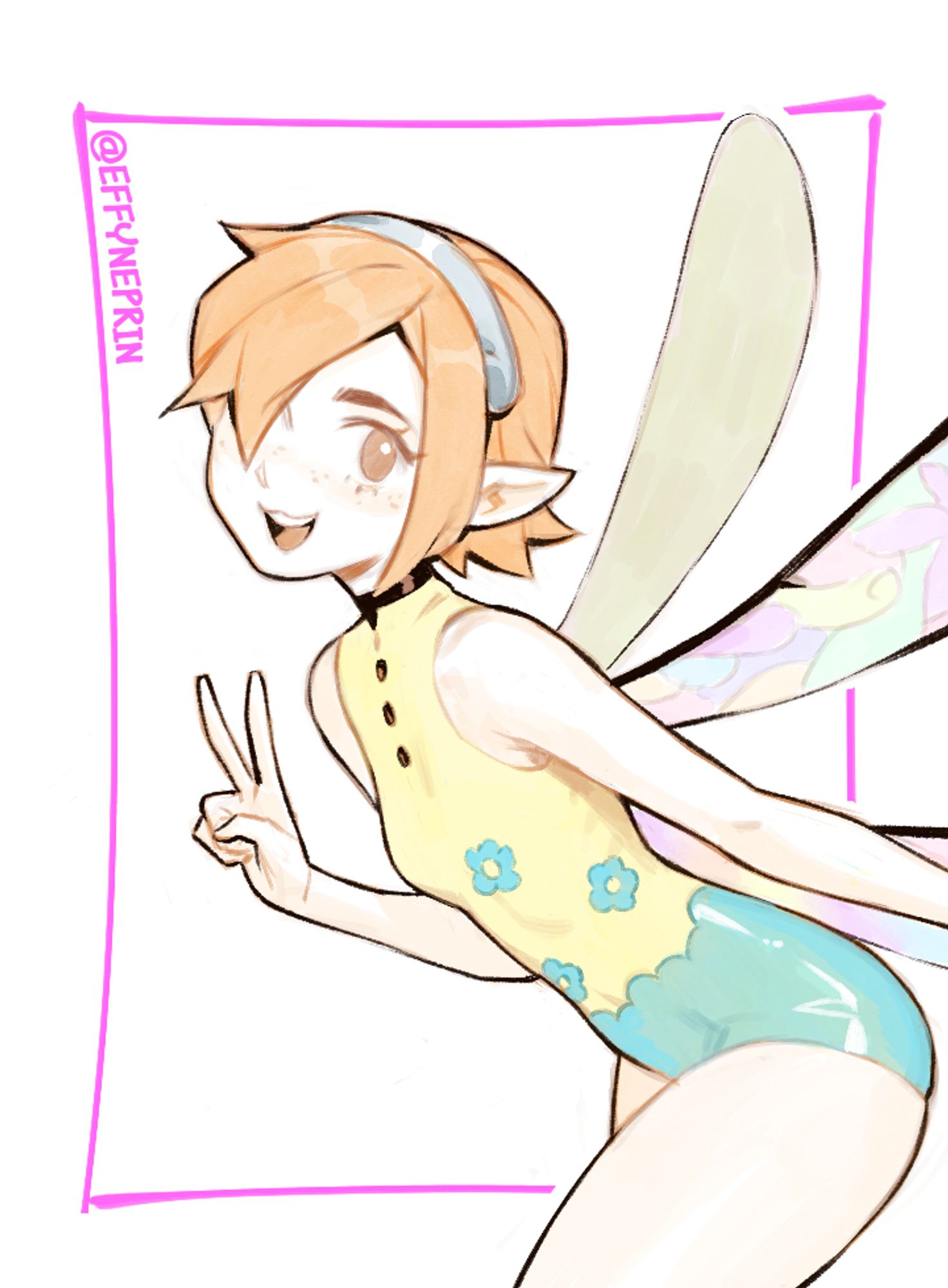 A sketch of Gallica from the new game, Metaphor Re:Fantazio. She's a fairy, wearing a yellow leotard with a blue floral pattern at the bottom. She has four long and light wings, coloured in a stained glass style, though only three are visible. She has short, ginger hair and a metallic headband that runs across the top of her head from ear to ear. Oh, her ears are pointy, too! She has a happy expression, is tilting her head toward the viewer, and giving a peace sign with her right hand.