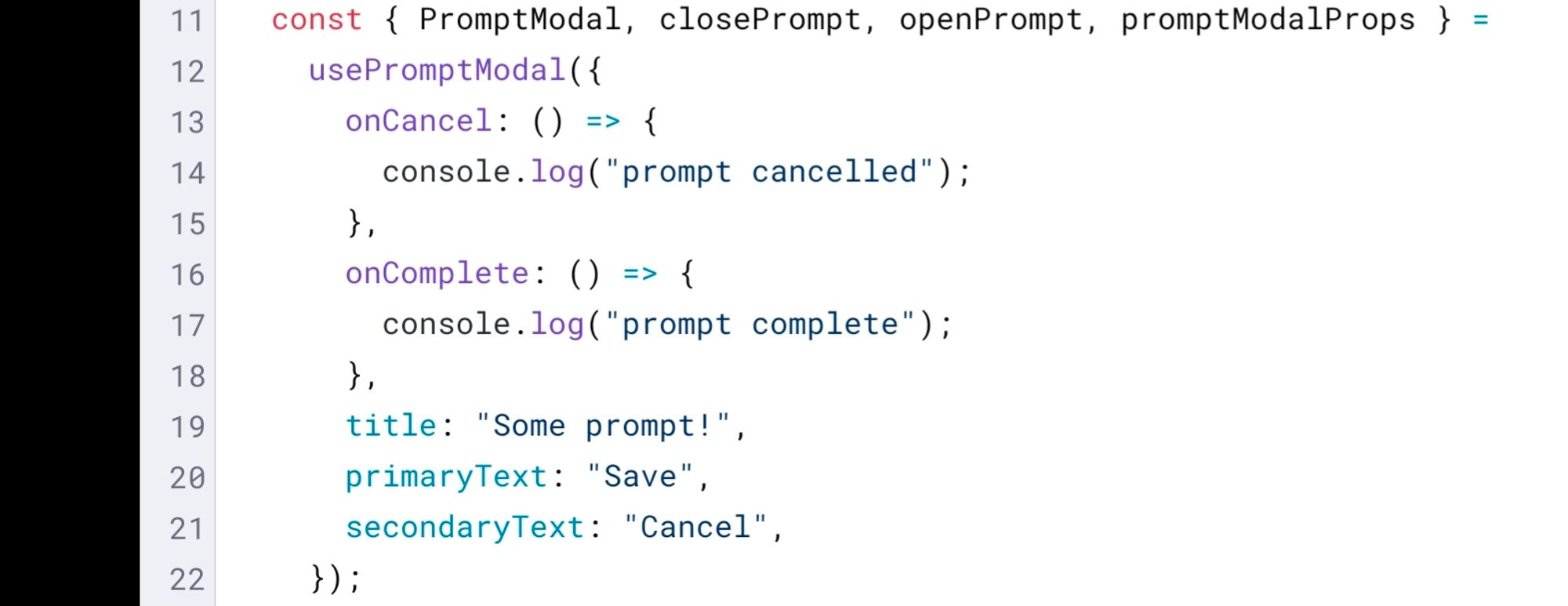 Some code making use of a usePromptModal hook and showing the related API