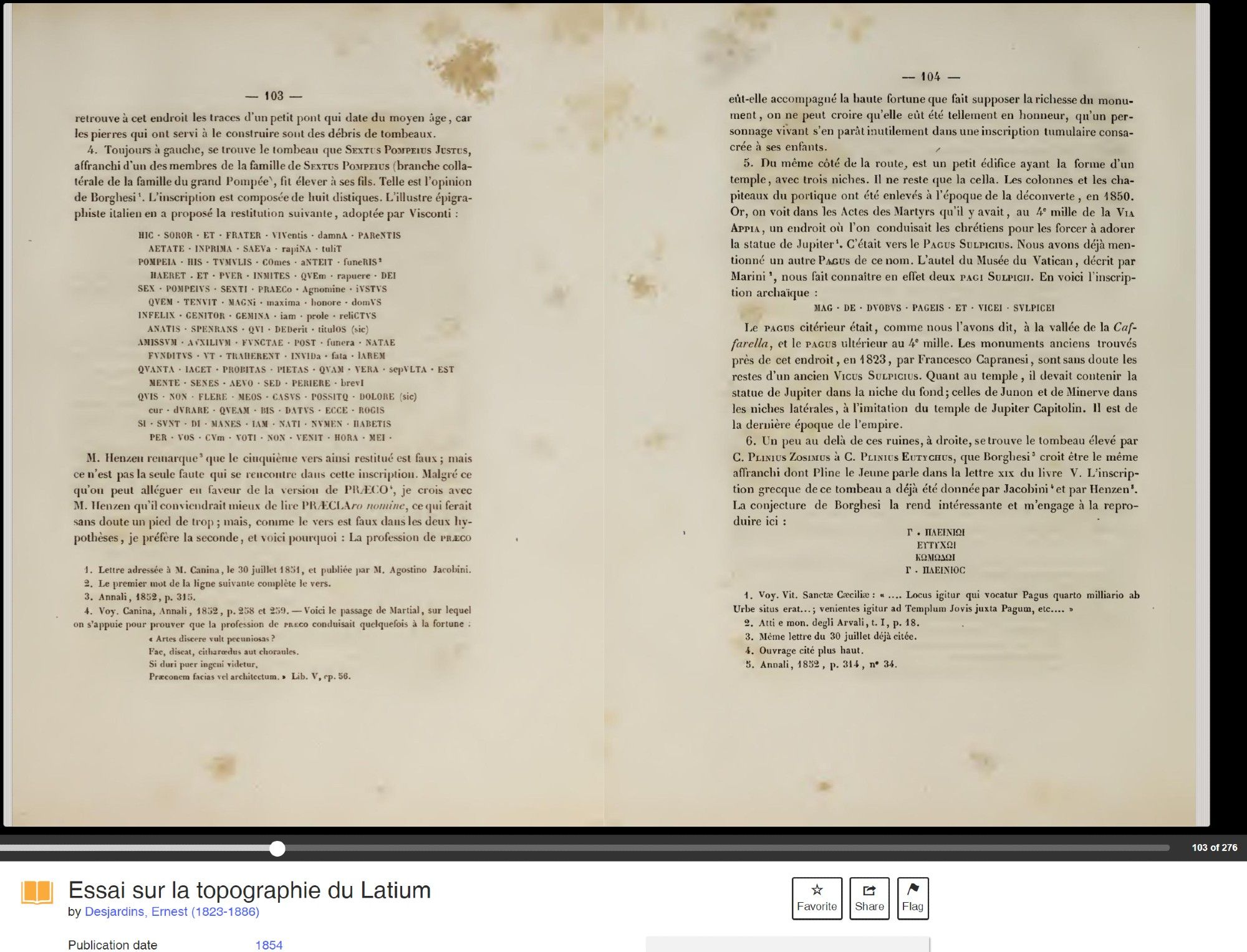 Online book from 1854 showing the text of the missing sections from an inscription on the Via Appia, Rome