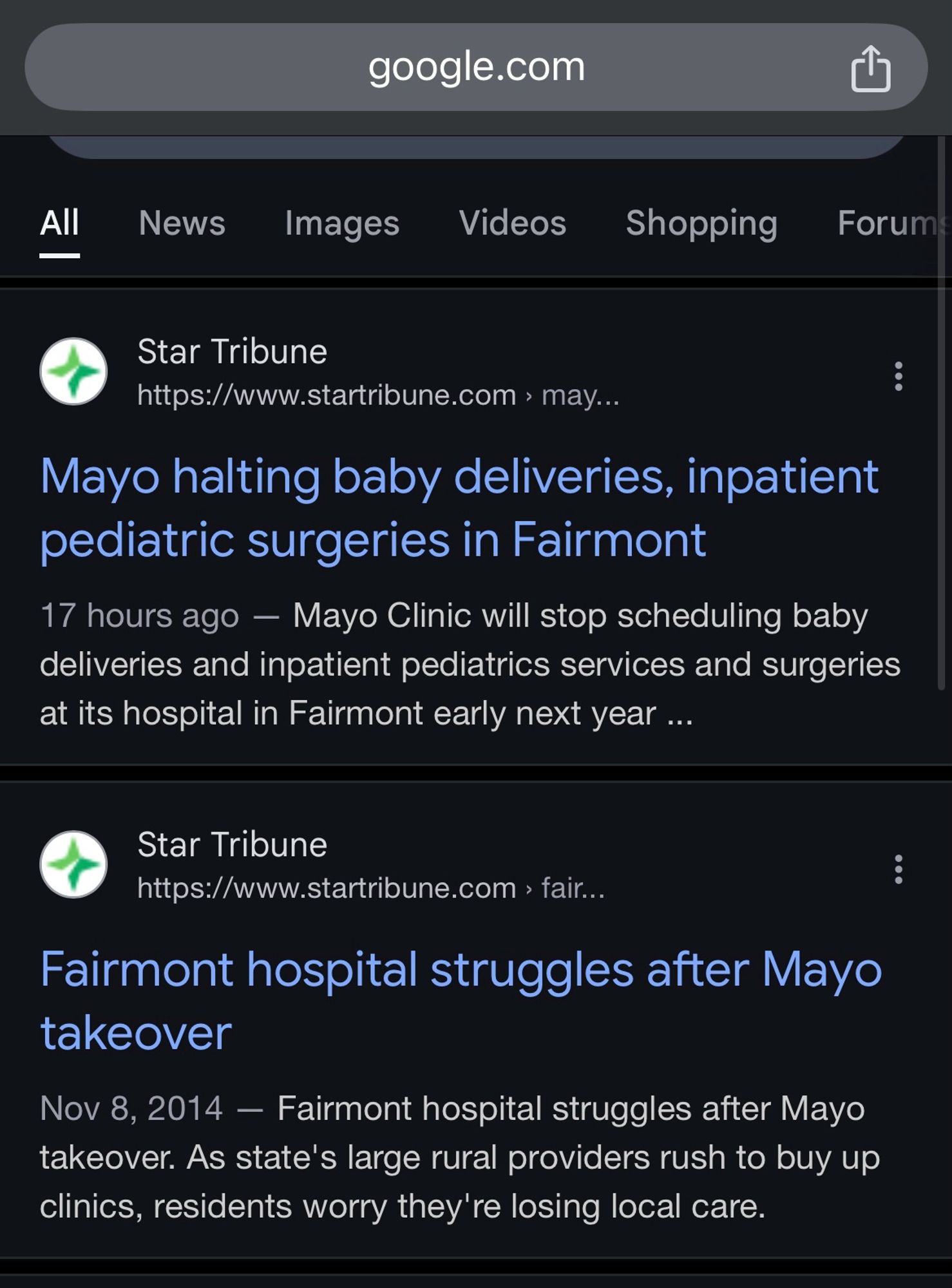 Star Tribune

Mayo halting baby deliveries, inpatient pediatric surgeries in Fairmont

17 hours ago - Mayo Clinic will stop scheduling baby deliveries and inpatient pediatrics services and surgeries at its hospital in Fairmont early next year ...


Star Tribune

Fairmont hospital struggles after Mayo takeover

Nov 8, 2014 - Fairmont hospital struggles after Mayo takeover. As state's large rural providers rush to buy up clinics, residents worry they're losing local care.