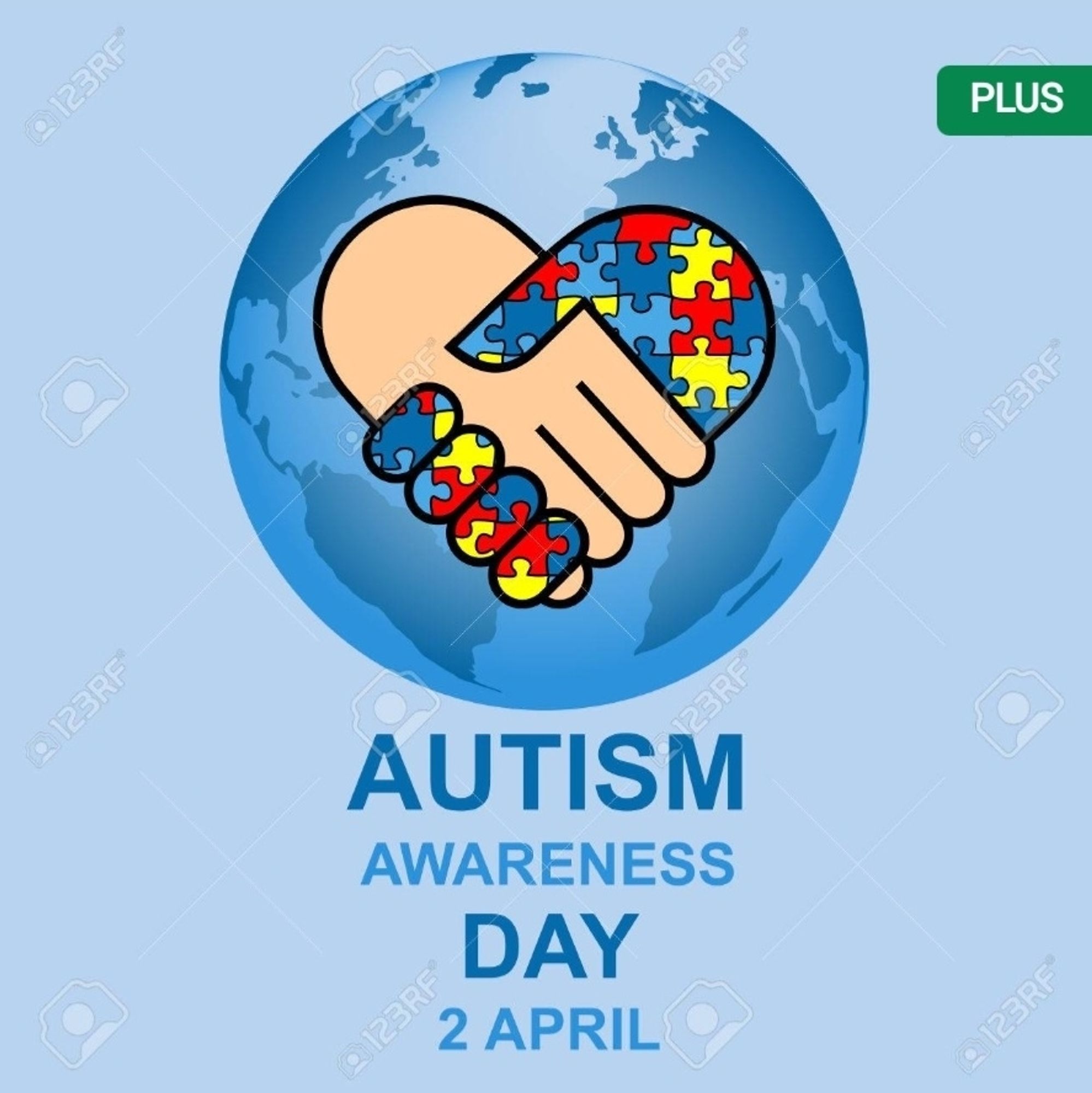 Text: Autism Awareness Day 2 April

Bild: Erde zwei Hände die skcb reichen eine Hand davon voller bunter Puzzleteile