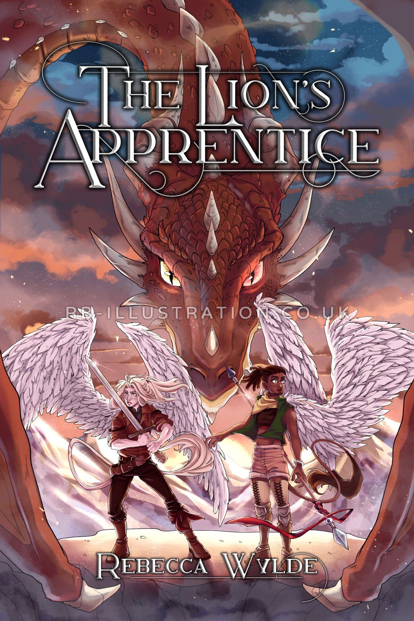 Book cover illustration with the title 'The Lion's Apprentice' by Rebecca Wylde. Pictured are two characters, a pale-skinned man with blonde hair, a short brown jacket, trousers and boots, wielding a sword, and a black man with locs, a yellow scarf, green vest, shorts and leg armour, holding a spear. They both have long fluffy tails and white wings. Behind where they stand on a cliff against a sunset background is a red dragon, looming and looking directly at the viewer.