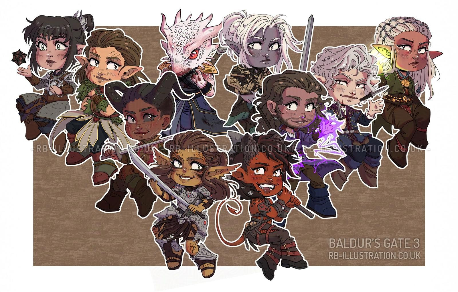 Cartoony chibi-style illustration of the main cast of Baldur's Gate 3 gathered in a party formation