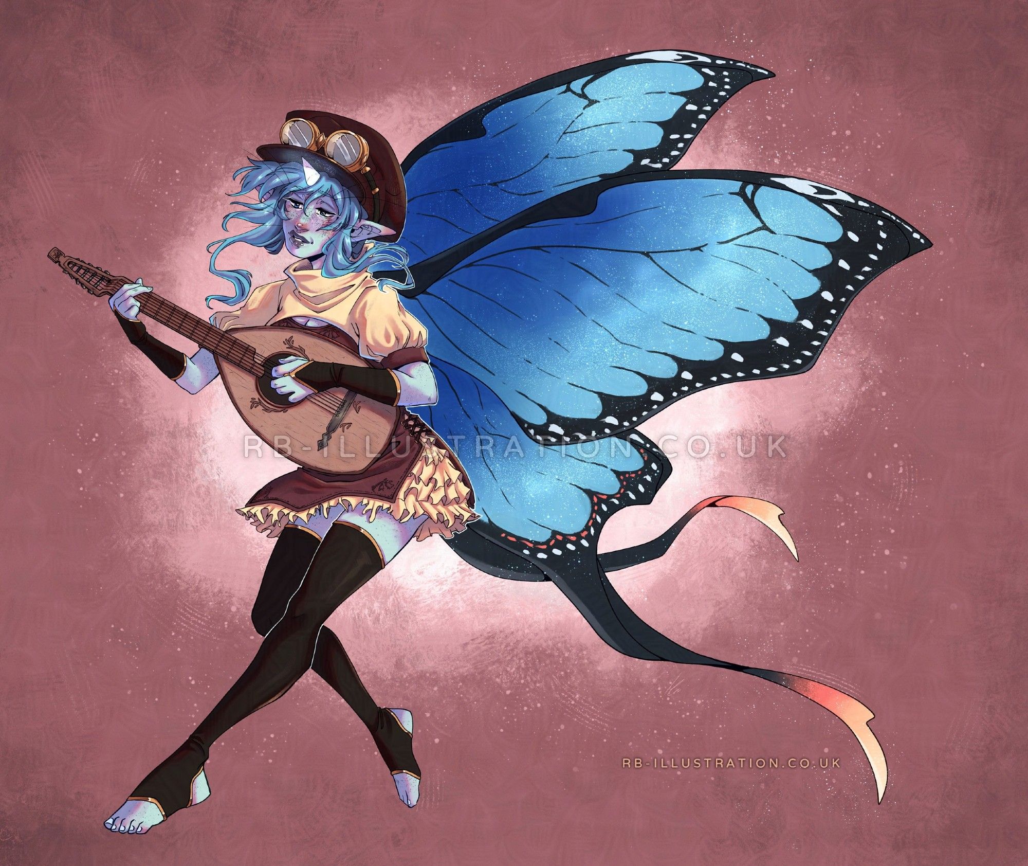 Illustration of a femme fairy character with blue skin, fluffy blue hair under a cap with goggles on, large blue morpho-like wings, a brown-and-cream dreams with frills, and black fingerless gloves and legwarmers. She is playing a lute and singing against a pink background.