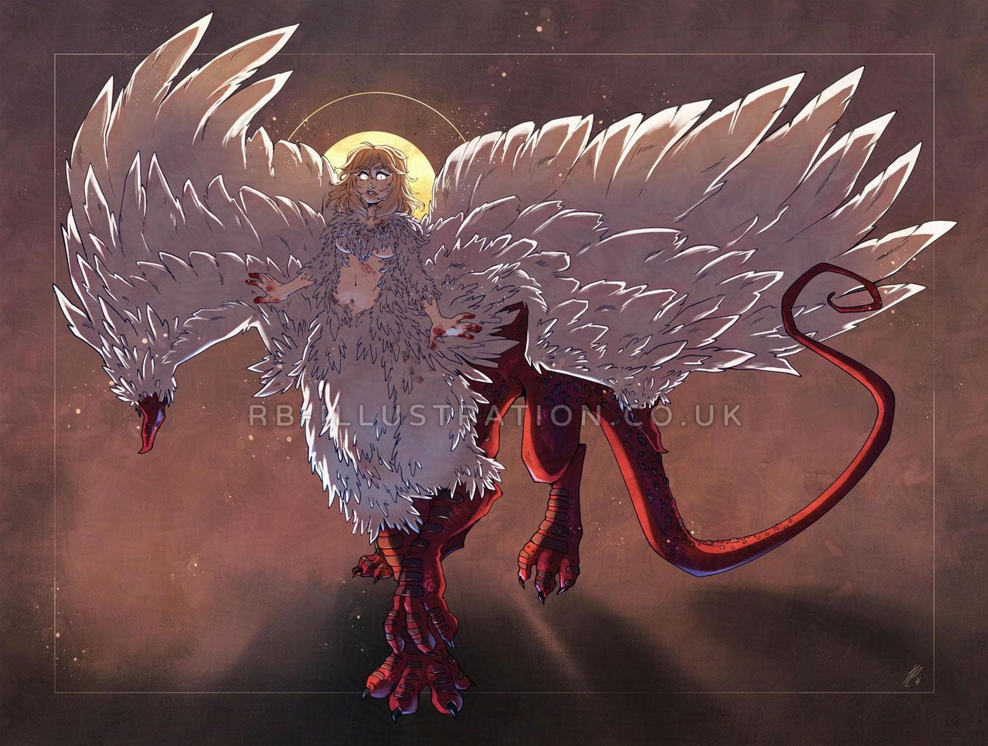 Illustration of Falin from Dungeon Meshi, a chimera with the upper body of a blonde-haired, pale-skinned woman, and the lower body of a red dragon partly covered in white feathers. She is standing against a background of a glowing halo with blood on her hands and face and an intense expression.