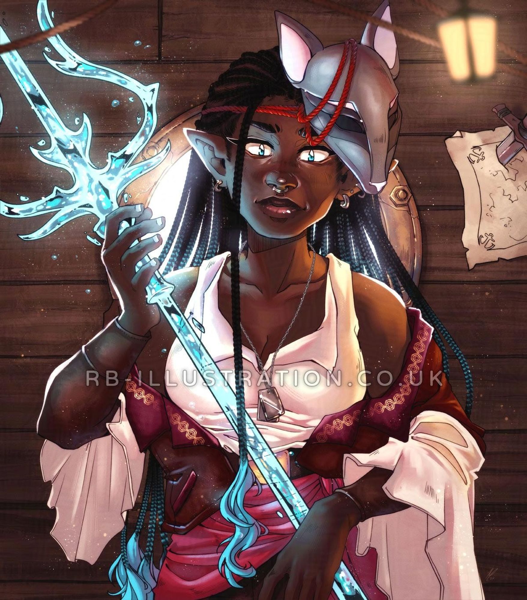 Illustration of a black female elf standing inside a ship's captain, looking towards the viewer with an expression of quiet confidence. She has long braided hair that turns to blue at the ends, a fox mask on one side of her head, and a white sleeveless shirt under an open jacket. She is holding a trident made entirely of water.