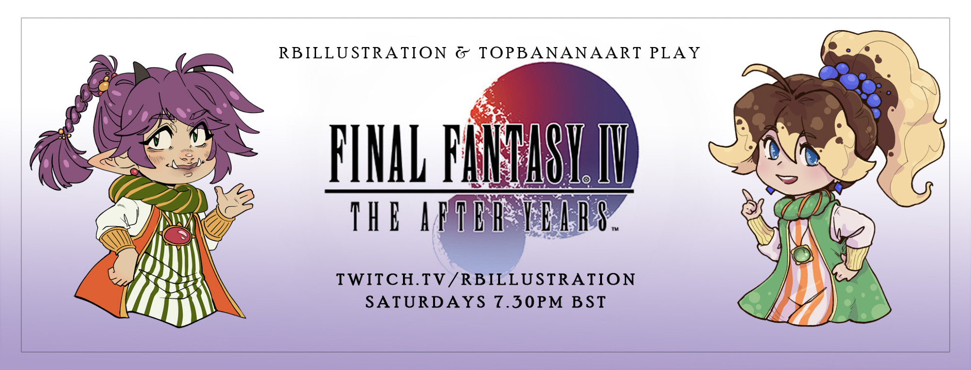 Two characters dressed as Palom and Porom from FF4 on either side of the logo for FF4 The After Years.