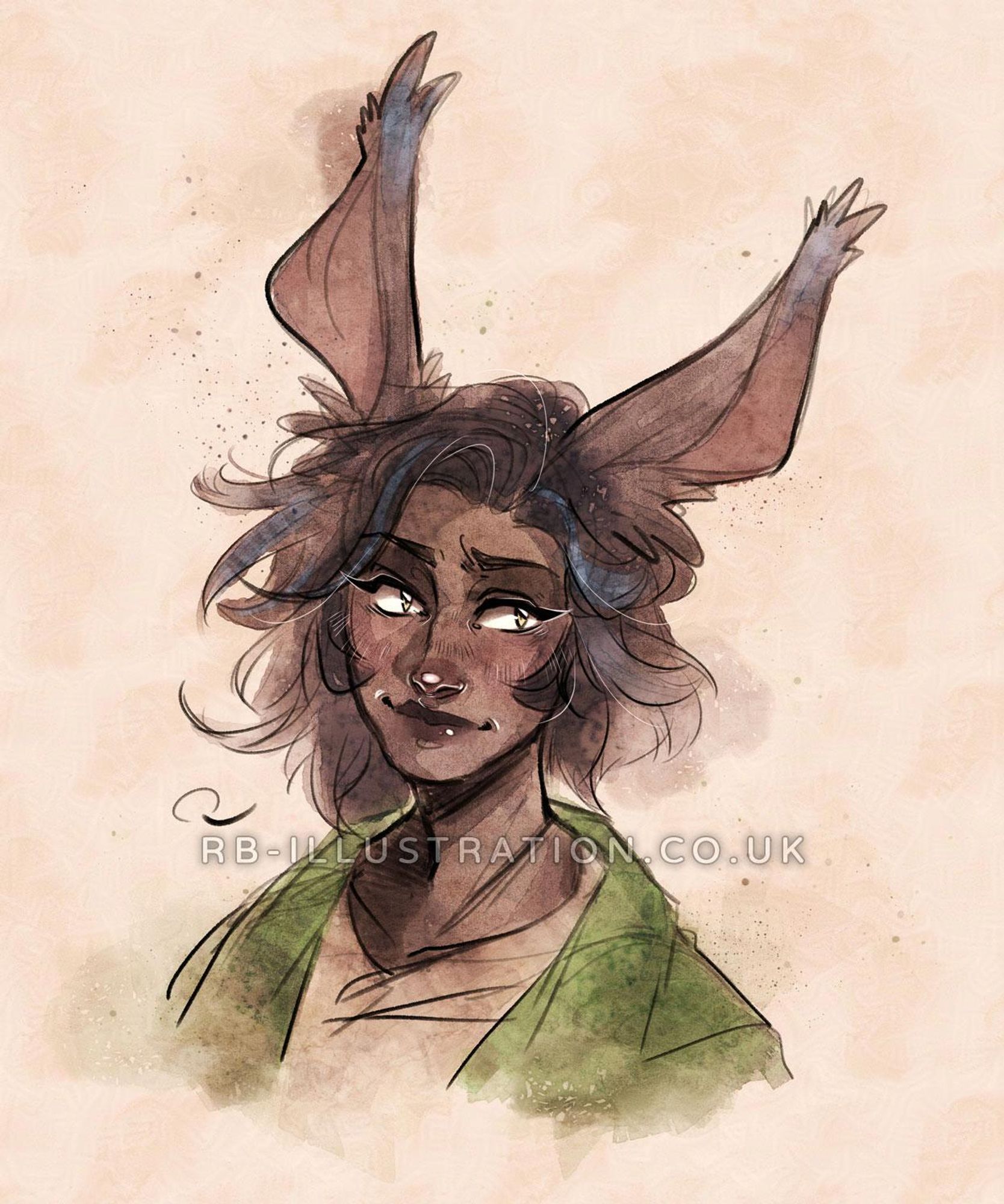 Digital watercolour-style sketch of Erenville from FFXIV, a male viera character with dark skin, fluffy black hair with blue tips, rabbit ears, and a green coat. He is smiling to the side with a slightly exasperated look.