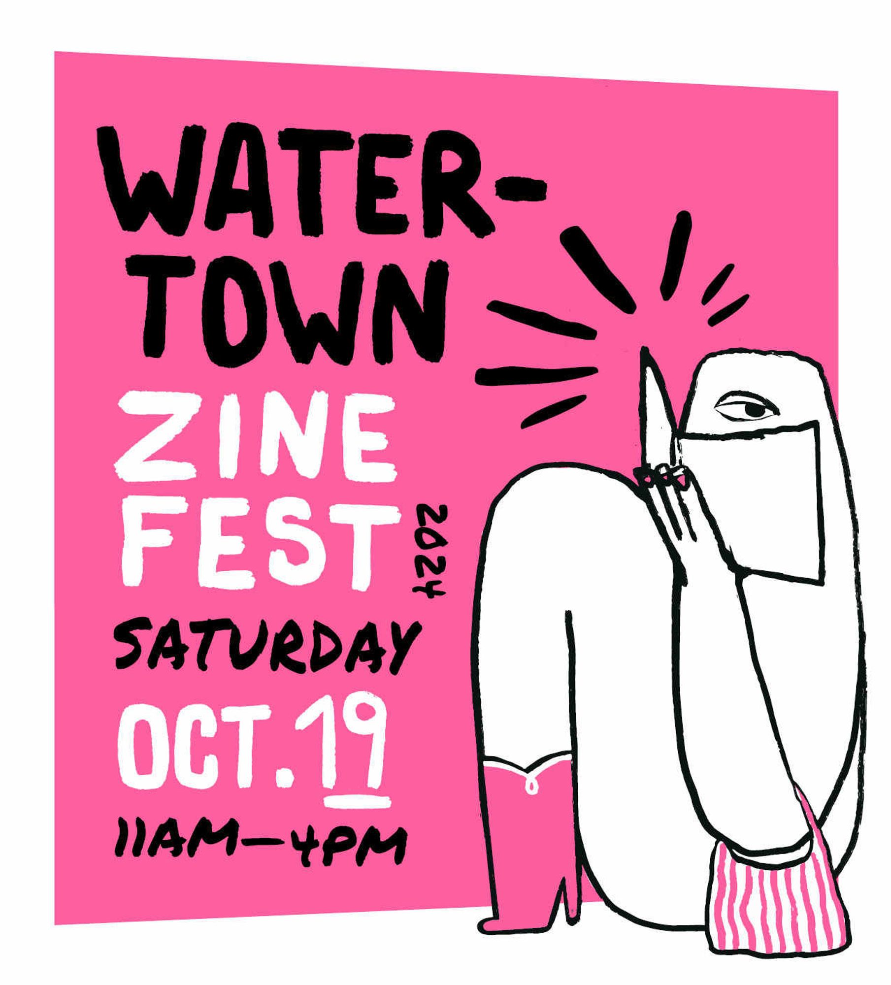 a pink background with a reader looking at the audience over a book. Text reads "Watertown zine fest 2024 Saturday Oct 19 11am to 4 pm"