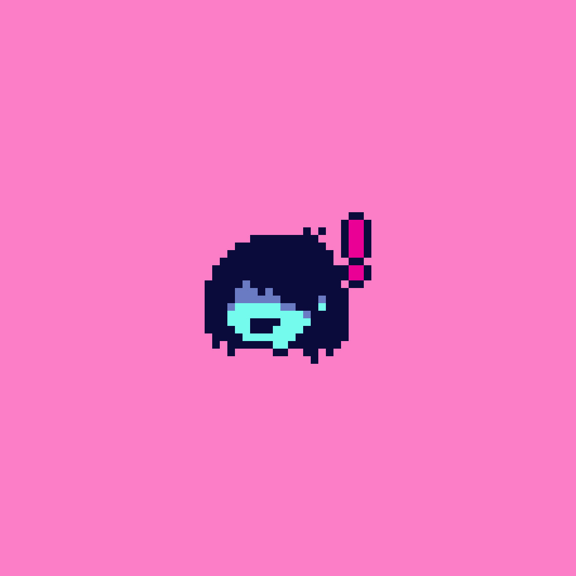 Pixel art of Kris with a happily surprised face on a pink background.