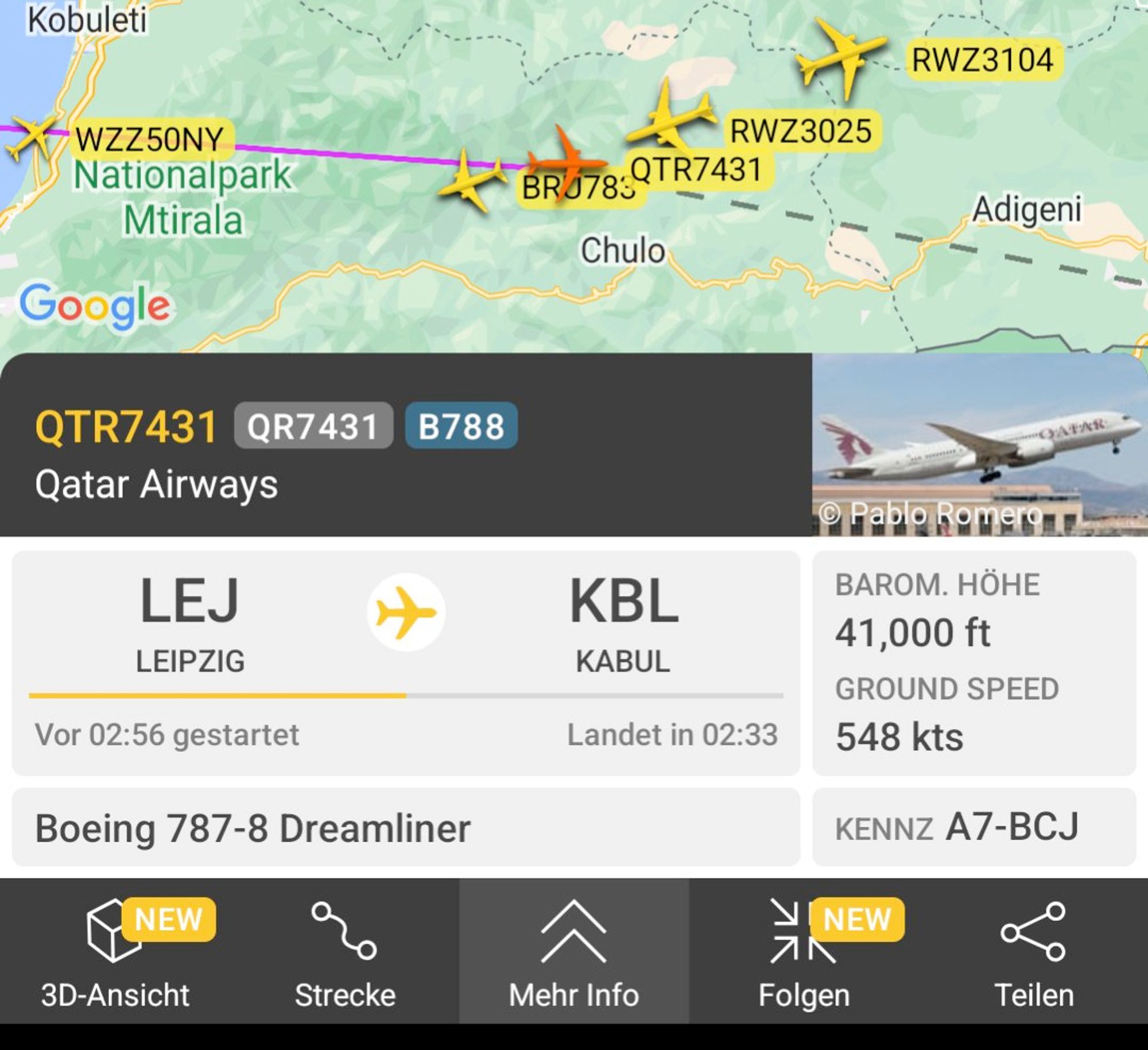 screenshot flightradar von abschiebeflug leipzig kabul mit qatar airways flugzeug