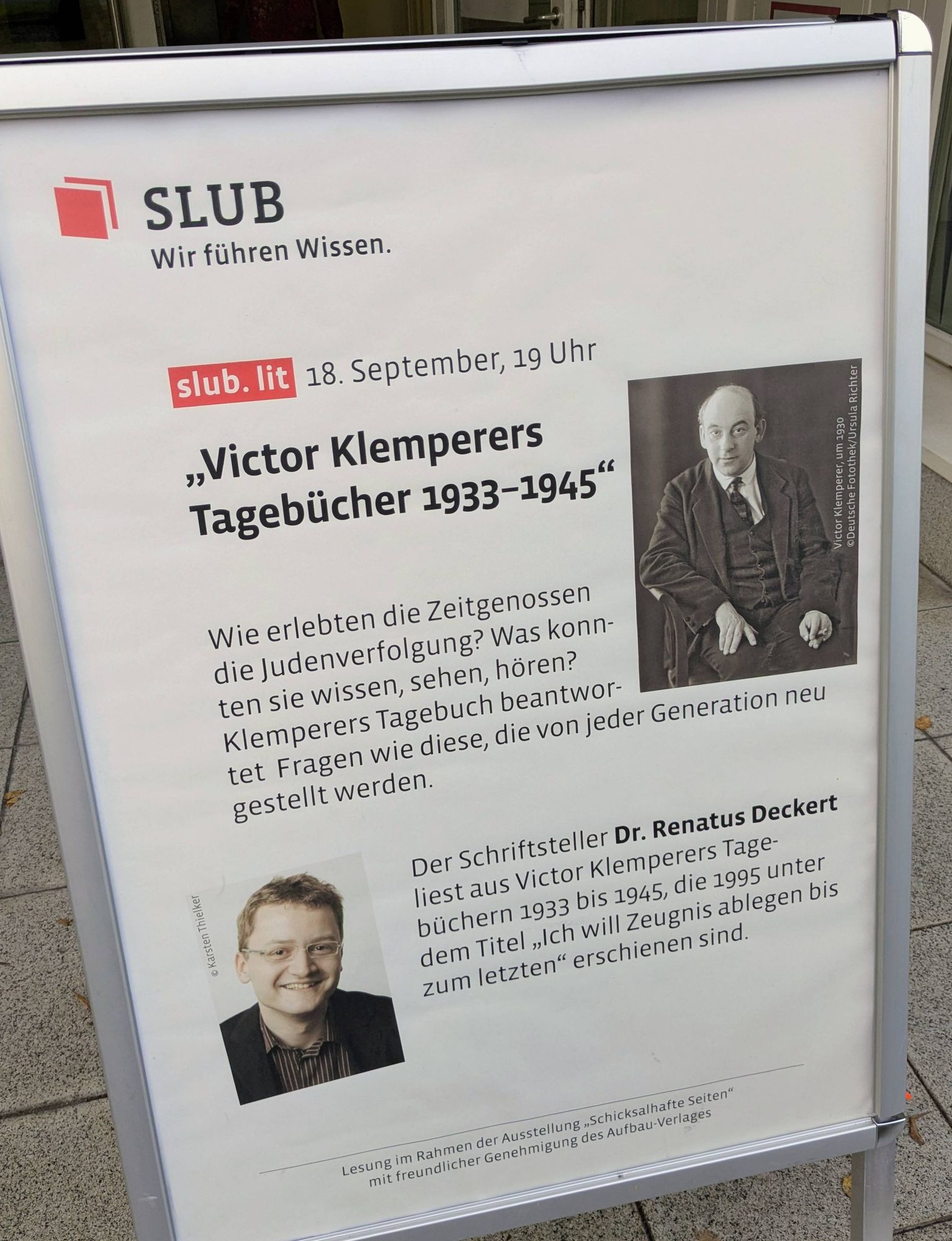 Aufsteller vor der SLUB Dresden für die Lesung aus Klemperers Tagebüchern mit Renatus Deckert am 18.9.