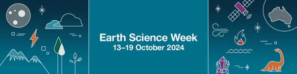 A banner with the text ‘Earth Science Week 13-19 October 2024’ and several icons. Icons include stylistic pictures of the moon, snow-capped mountains, clouds, trees, a satellite, Australia, crystals and a brontosaurus-like dinosaur.