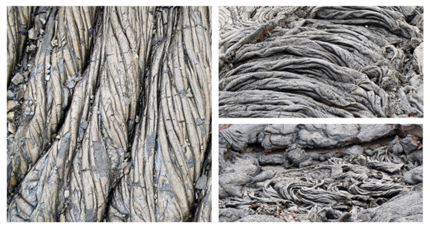 Three images showing dark glossy rocks with textures resembling intricate twisted tree roots.