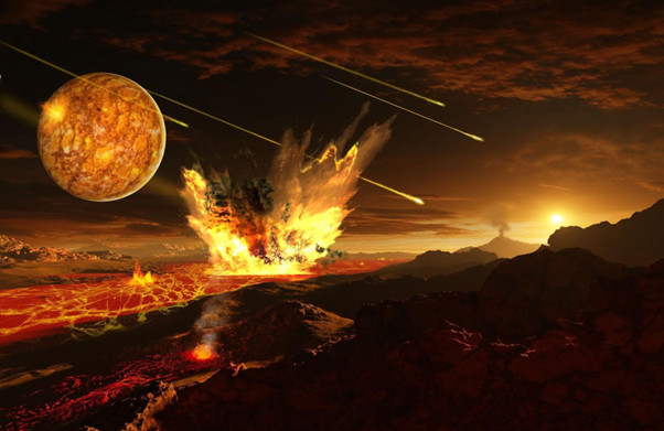 An artist’s impression of the Late Heavy Bombardment of Earth. Meteors are streaking across a dark sky dominated by a very large and glowing Moon. A meteor has just crashed into a large lava lake in the middle distance. Other lave eruptions can be seen nearby and a column of smoke rising from a volcano can be seen in the distance.
http://earthspacecircle.blogspot.com/2026/late-heavy-bombardment.html 
