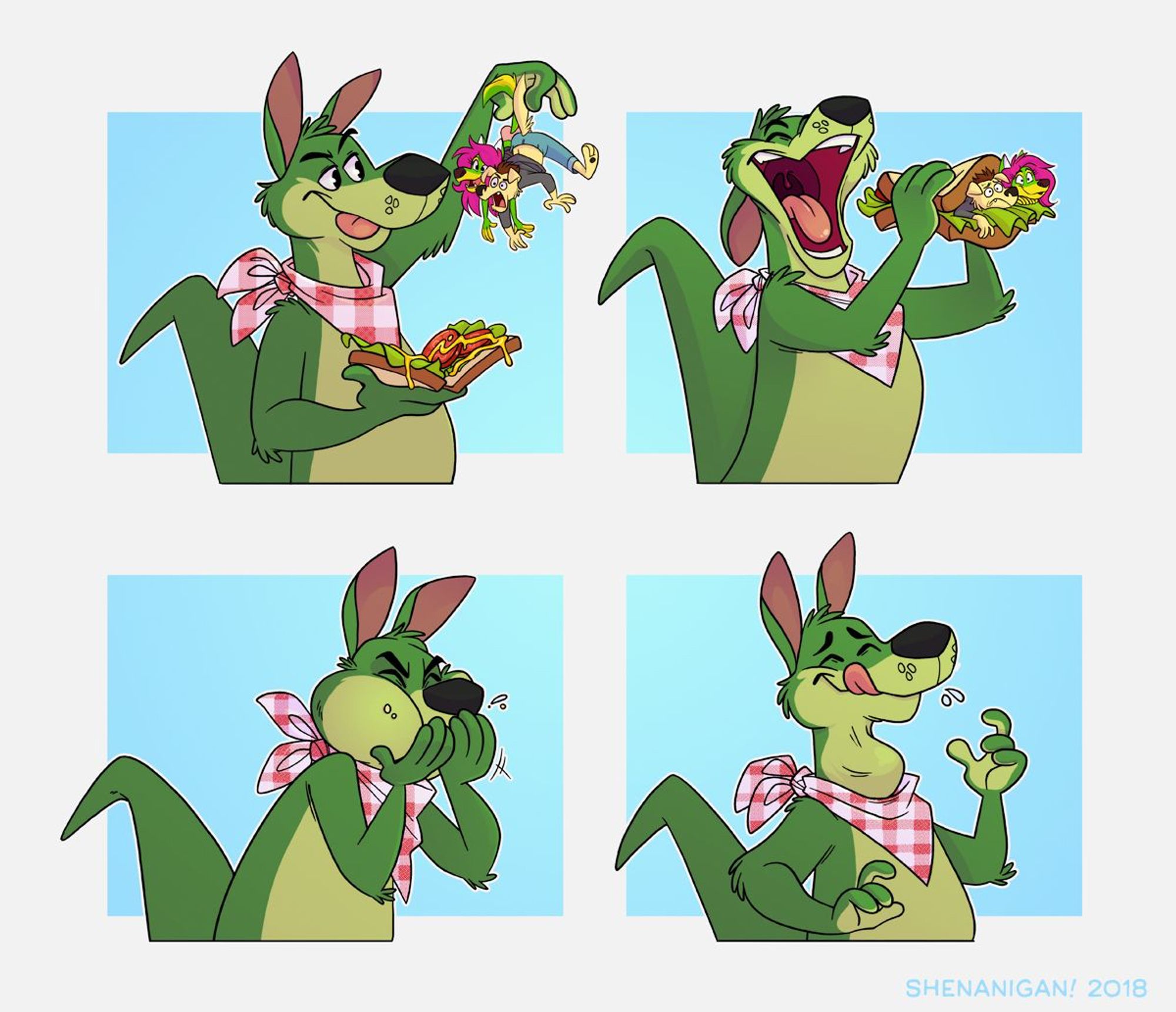 Big green kangaroo having a meal of Labbeh and Peaches in a sandwich. Art by Shenanigan