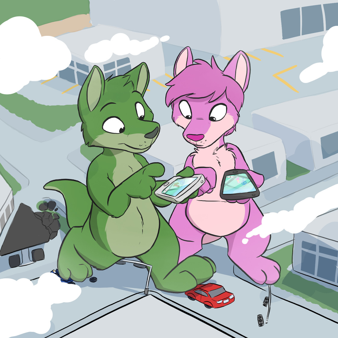 Big green kangaroo and pink lady roo trying to catch 'em all in the neighborhood. Art by Spiderdasquirrel