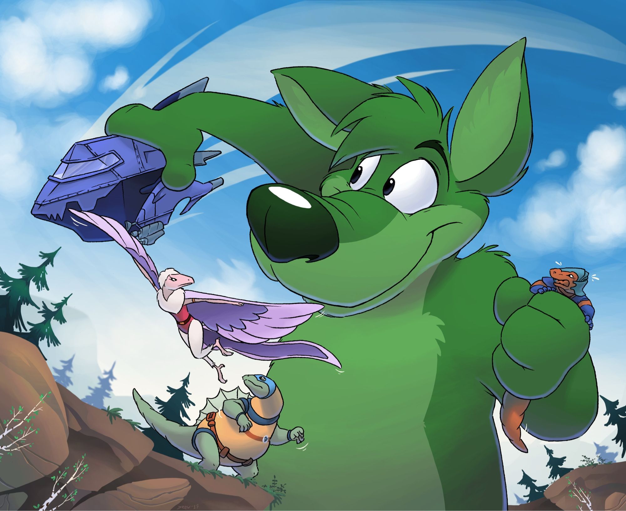 Big green kangaroo playing with Dinosaucers like they were action figures. Art by Raccoon Drew