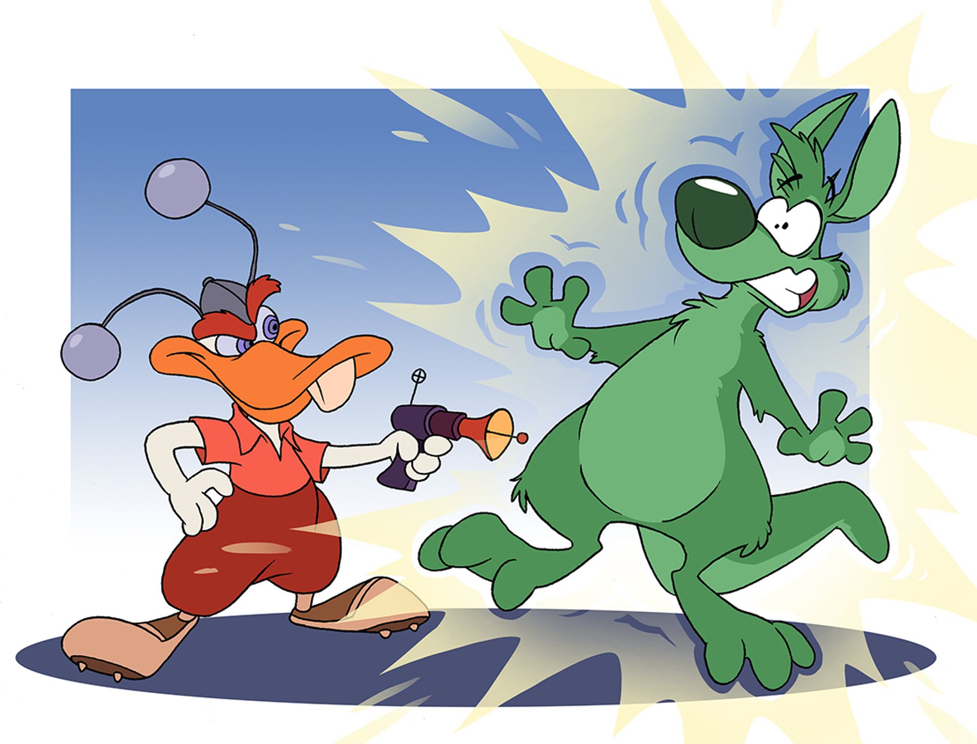 Big green kangaroo getting zapped by Lilliput. Art by Raccoon Drew