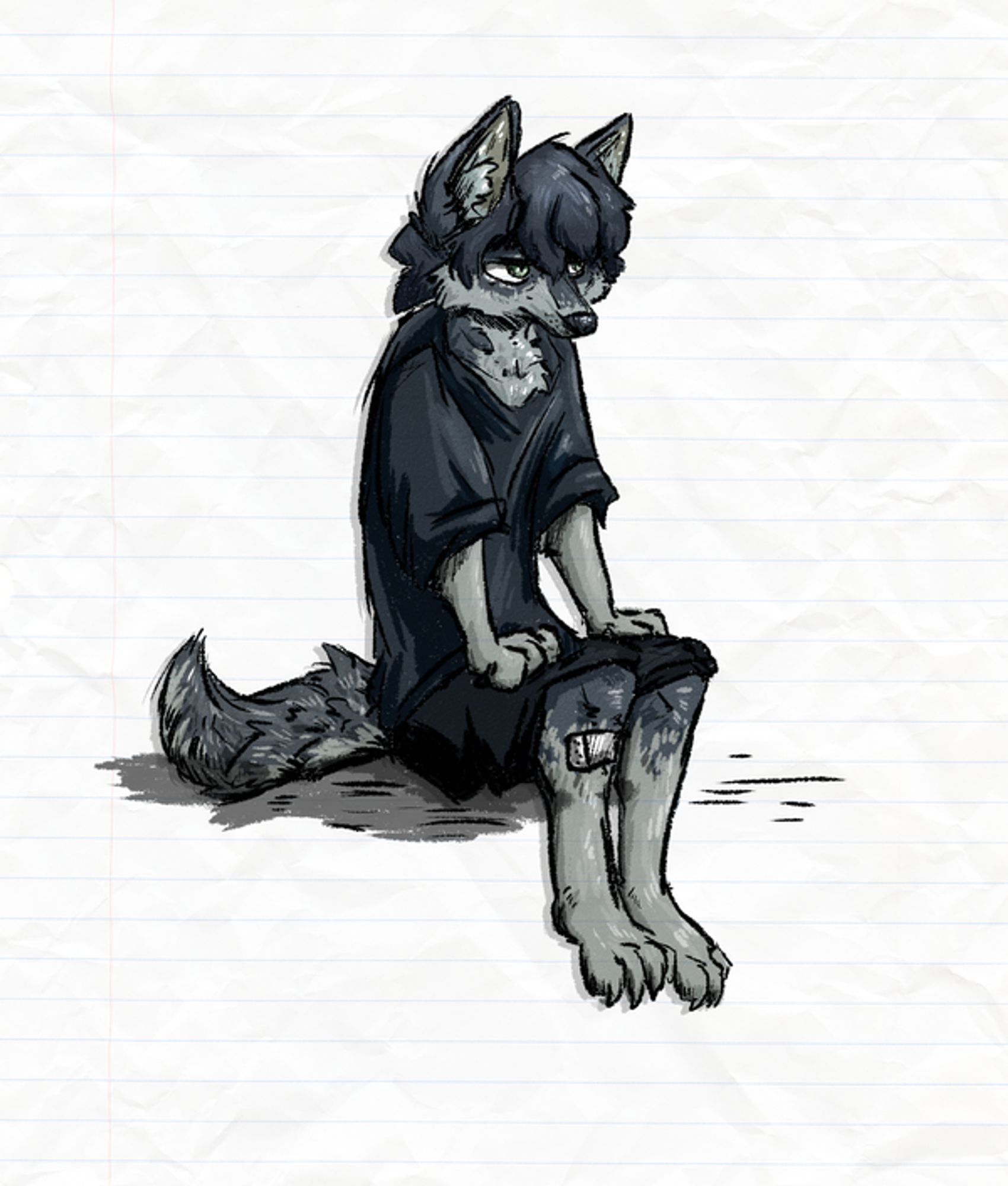 A colored sketch of a wolf fursona sitting down with their legs dangling into a void, they have a bandage on their right leg facing the camera. They are wearing dark clothes with an oversized shirt, and have a grumpy expression, looking off to the side away from the camera