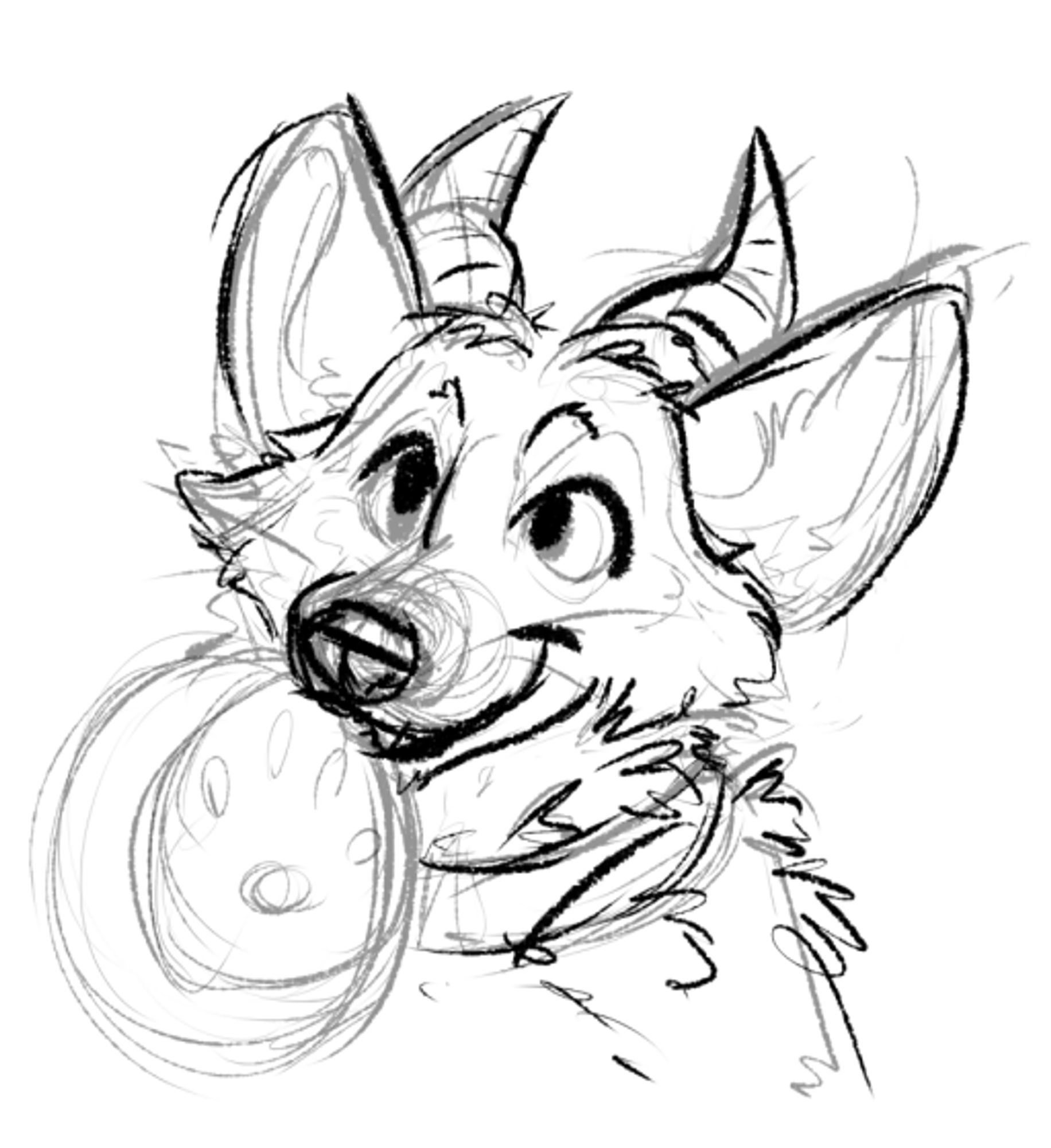 A sketch of a fox with horns, holding a dog food bowl in their mouth, looking happily up towards something or someone.