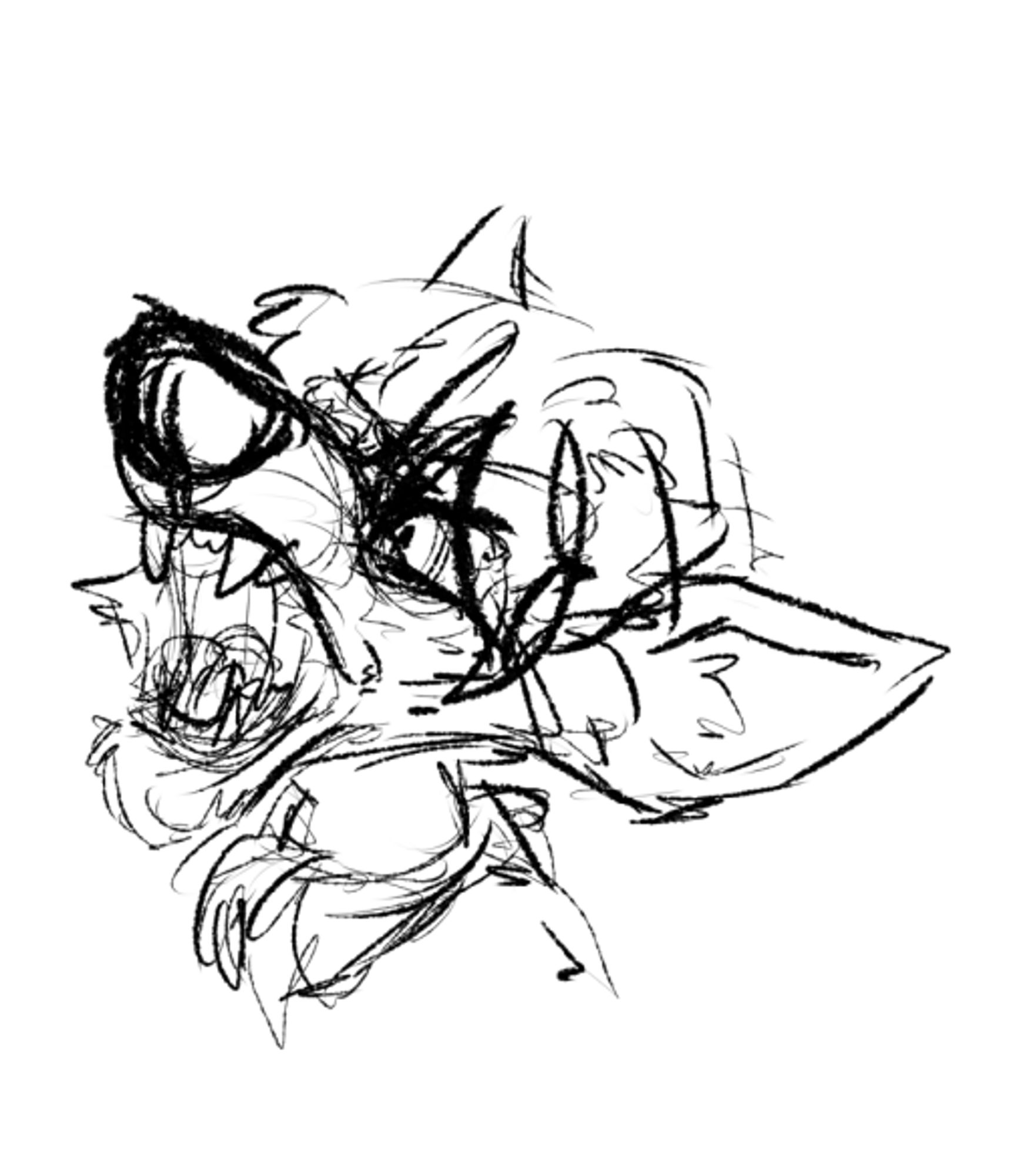 A rough sketch of a wolf-esque character holding their mouth open, exposing their teeth angrily