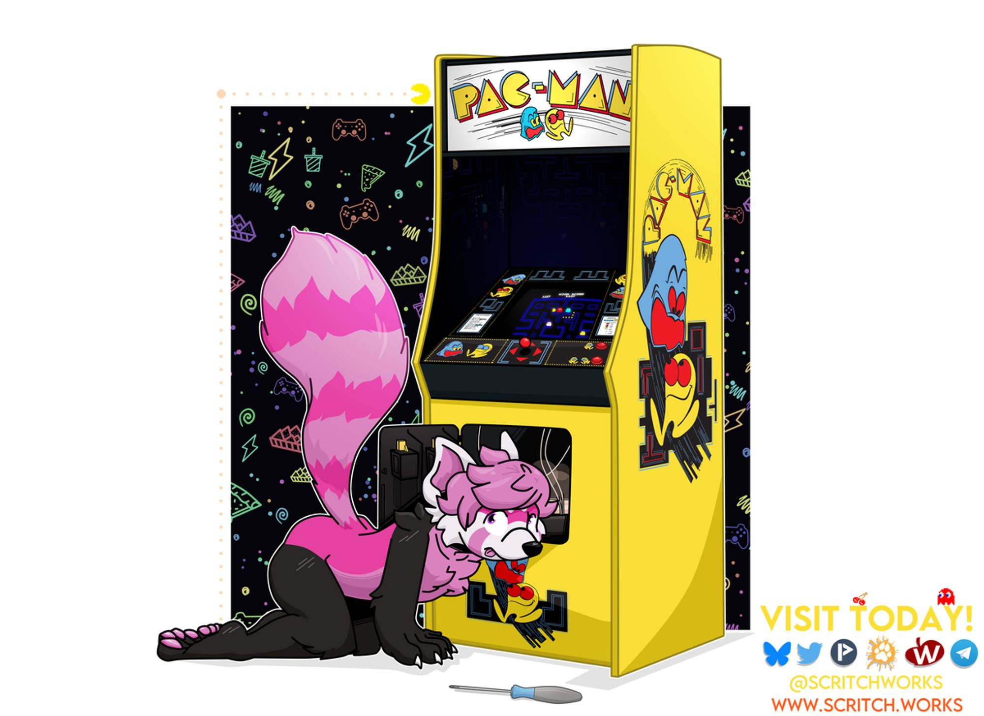 A Red Panda fursona named Tinker, is kneeling on the floor, working on a Pacman arcade machine, The front panel is open and they are working on the internals. On top, a game of pacman is running with a score of 1337. The background is white but features an imitation arcade carpet flooring.