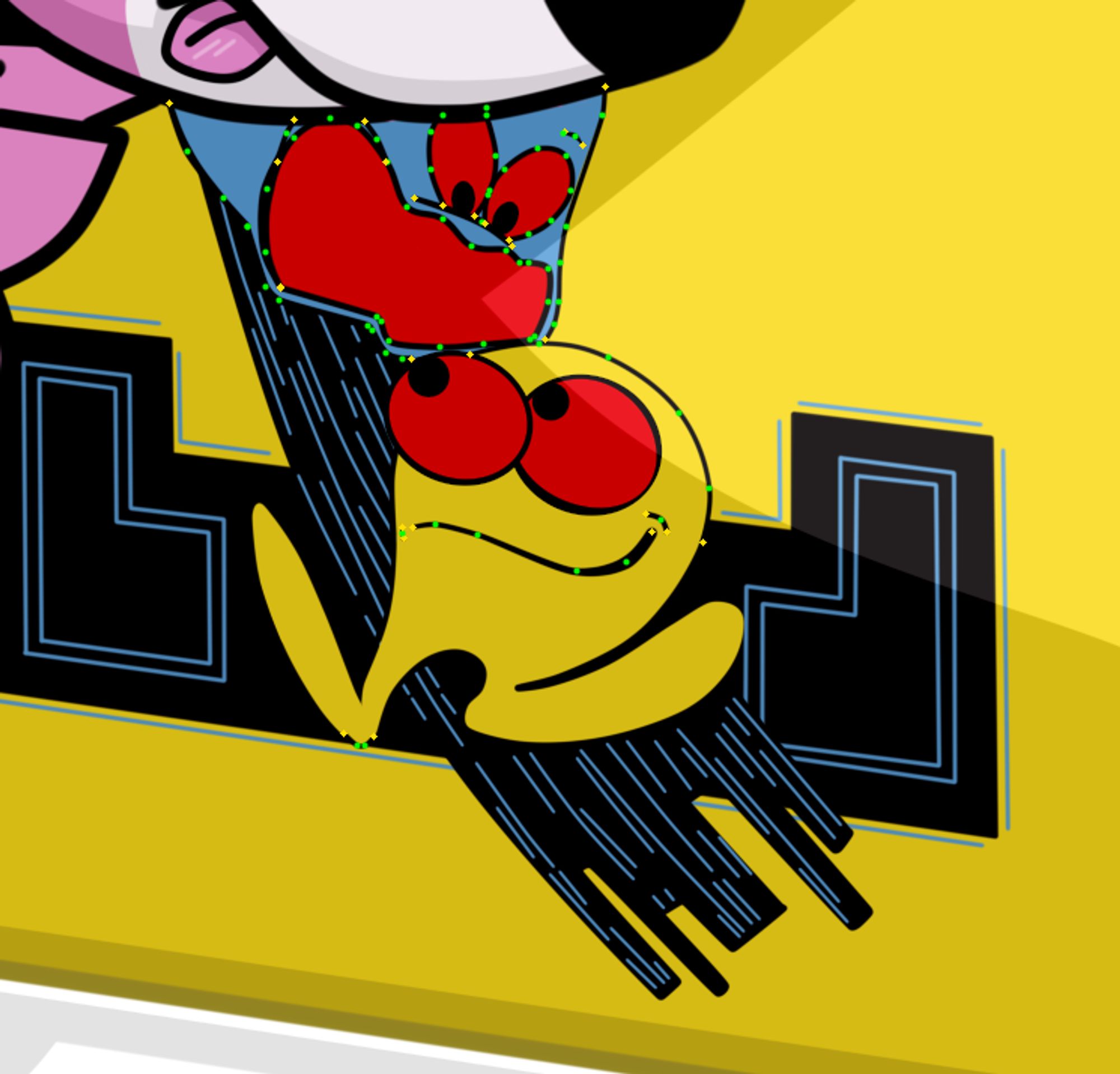 A picture of the Pac-Man arcade drawing that shows the vector dots that make up the linework